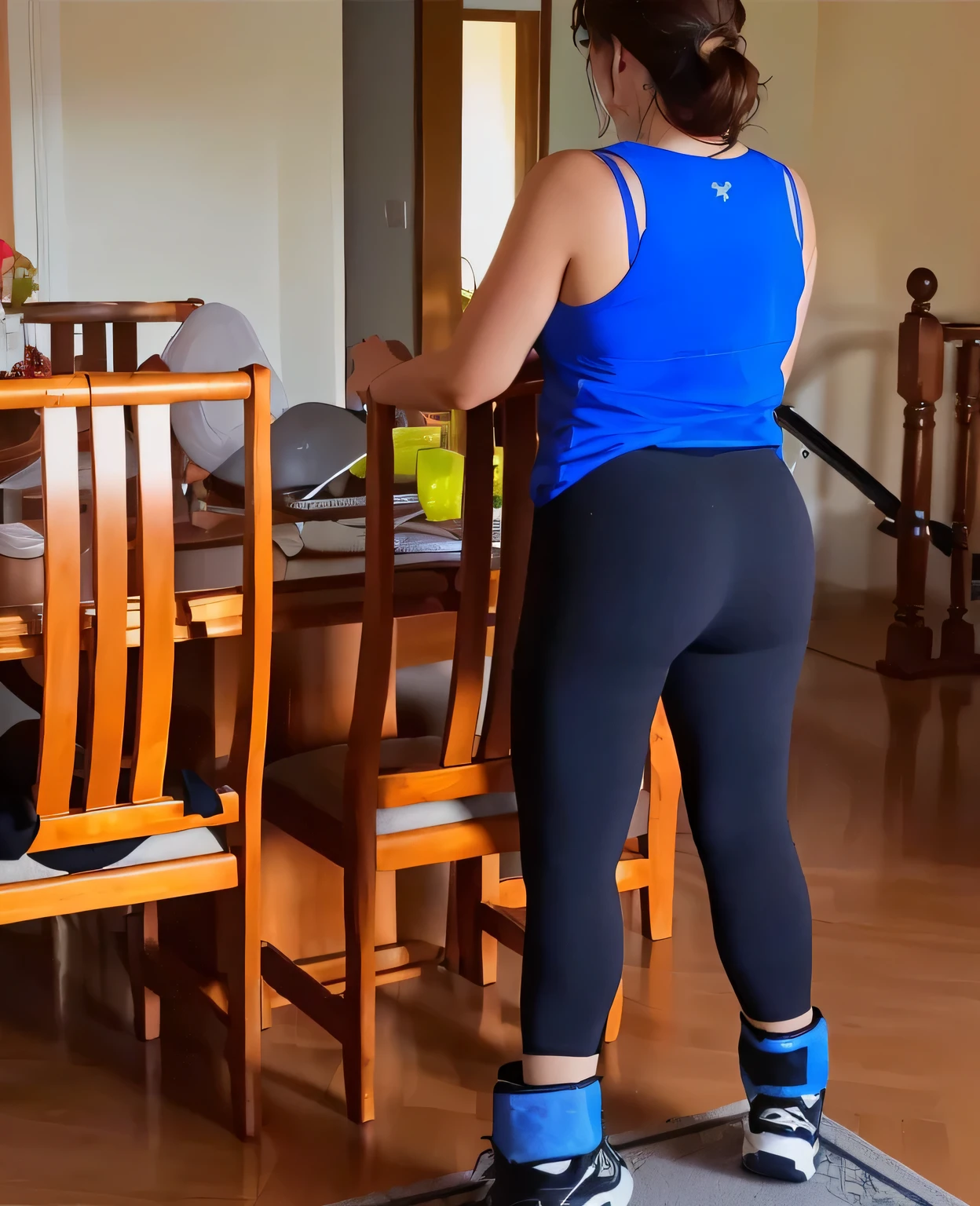there is a woman standing on a step in a room, wearing black tight leggings and a blue t-shirt, side view of her taking steps, wearing gym equipment, leggings, hunched over, human back legs and sneakers, back view, back view and standing, view from behind, rear photo, long shot seen from behind, leaning on a table, long shot seen from behind, seen from behind
Slim woman with thin waist. Her body exudes glamor and her face is the definition of beauty. Test, highly realistic, reddish skin, beautiful, slightly full lips, red lipstick, feeling of lightness and joy, hyper-realism, very elaborate skin, direct look. Full body photo, clear and high quality photo. Beautiful woman, extremely sexy, very sensual. Masterpiece: 1.3, high resolution, (photographically realistic), 8k, NUDE, NUDITY, NFSW.