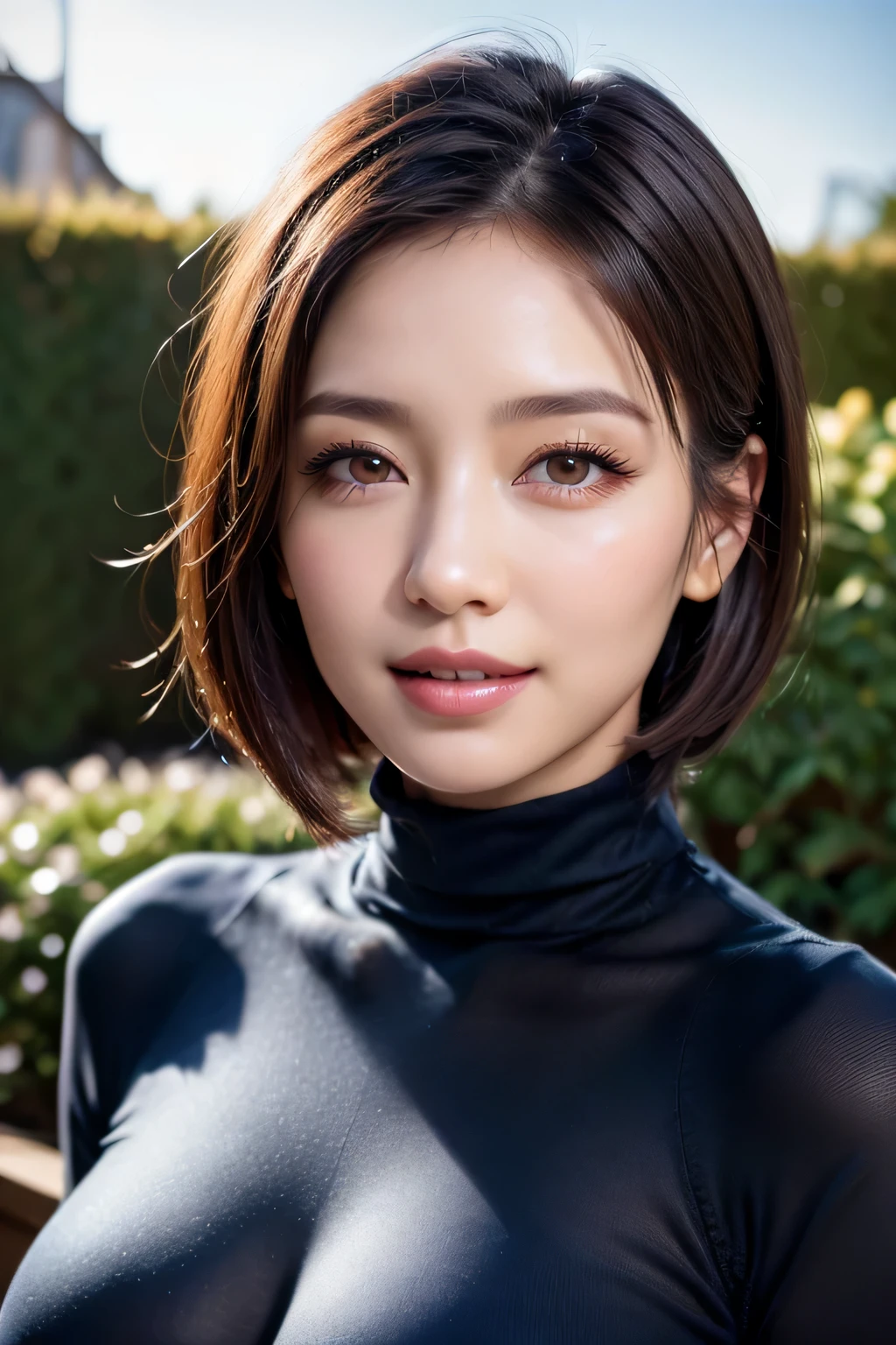 (8k, RAW Photos, highest quality, masterpiece, Realistic, Realistic), (1 female), (Ultimate beauty), Highly detailed face, (Perfect Teeth), Beautiful Eyes, double eyelid, eyelash, smile, Lip details, brunette bob, The light shines on your face, Big Breasts, ((Blue turtleneck sweater)), ((Upper Body)), (background: garden), ((Written boundary depth))