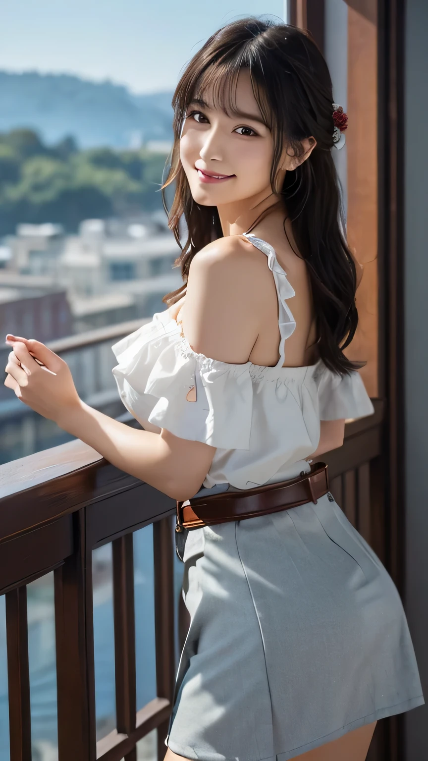 (masterpiece:1.3, highest quality), Ultra-high resolution, Super detailed, (Realistic, photoRealistic:1.4), Beautiful illustrations, Perfect lighting, colorful, Depth of written boundary,
View your viewers, 1 girl, alone, (Huge breasts,Cleavage、 Big Ass, Captivating thighs),
(Middle Hair:1.2, Half Up:1.2, Black Hair), bangs, braided bangs, Droopy eyes, Lips parted, Shiny skin,
Beautiful Hair, Beautiful Face, Highly detailed face, Beautiful fine details, Beautiful clavicle, Beautiful body, Beautiful breasts, Beautiful thighs, Beautiful feet, Beautiful fingers,
(Detailed cloth texture, (High waist tight skirt, belt), (Frilled off-shoulder shirt), garnet necklace,
(Beautiful views), night, (Shoulder strap, Modern), Are standing, (Captivating smile),