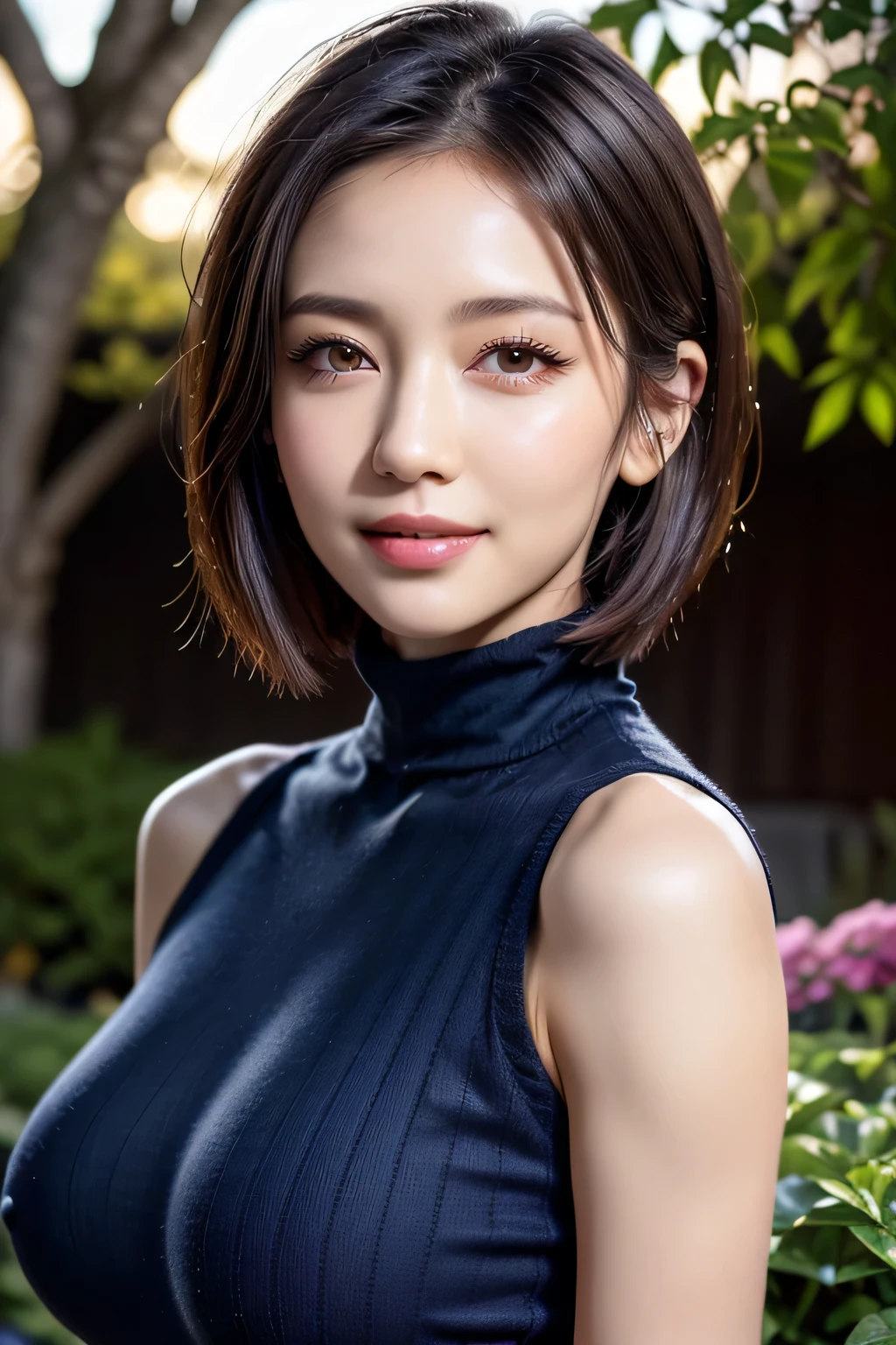 (8k, RAW Photos, highest quality, masterpiece, Realistic, Realistic), (1 female), (Ultimate beauty), Highly detailed face, (Perfect Teeth), Beautiful Eyes, double eyelid, eyelash, smile, Lip details, brunette bob, The light shines on your face, Big Breasts, ((Blue turtleneck sweater)), ((Upper Body)), (background: garden), ((Written boundary depth))