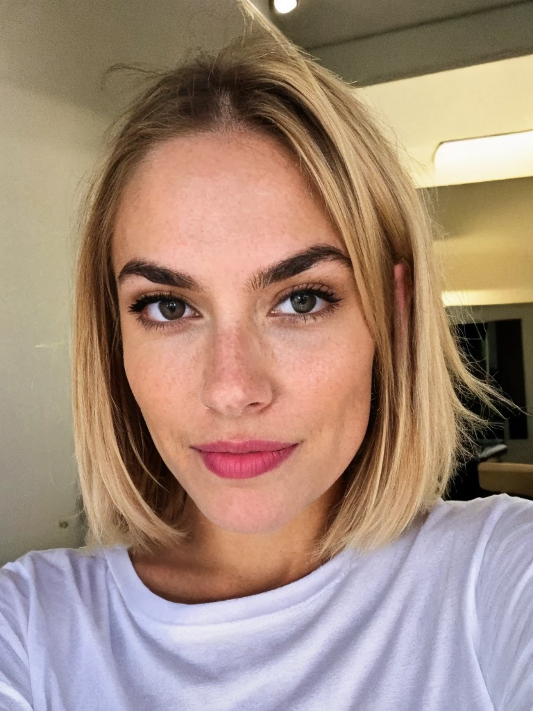 photograph, photo of beautiful woman, selfie, upper body, solo, wearing t-shirt, cheerful, blonde hair, bob haircut, full lips, perfect eyebrows, looking at viewer, taking a selfie, skin texture, close up, effortlessly chic, UHD