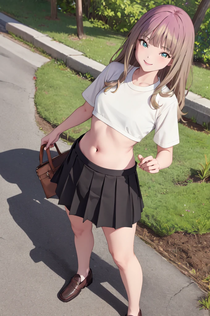 masterpiece,best quality,highres,ultra-detailed,aayume,long hair,bangs,Short shirt、Belly button,short black skirt:1.5,loafers,outdoors,standing,smile,