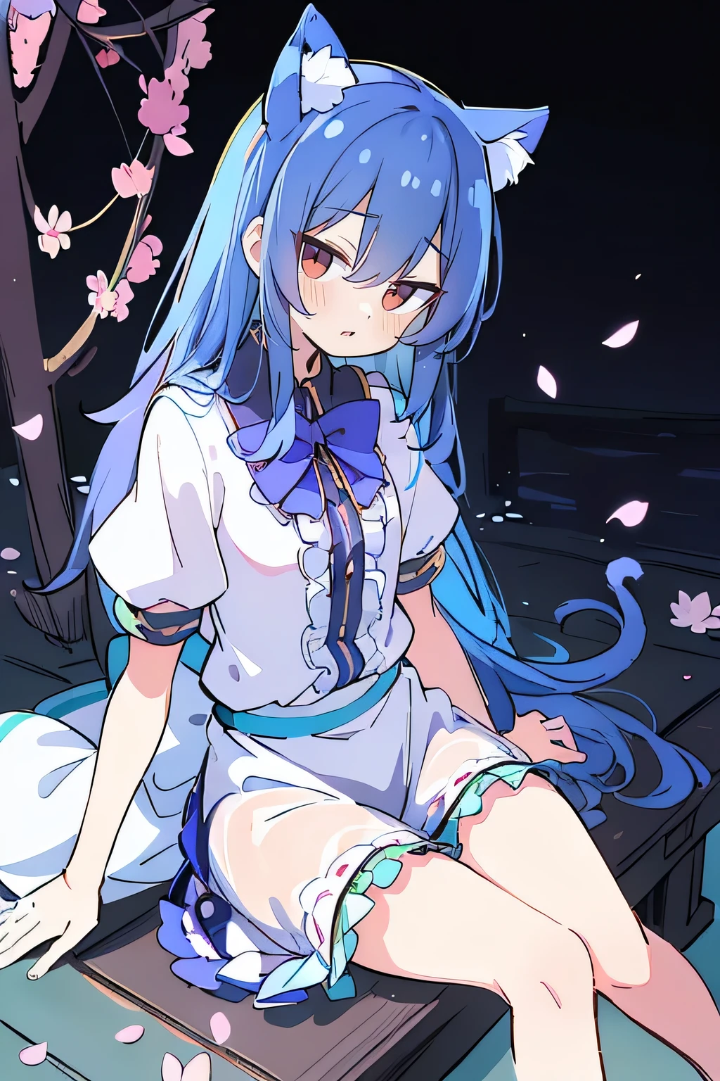 (masterpiece:1.2),ultra-detailed,realistic,expressive eyes,fair-skinned,perfectly shaped face,1girl,
Japanese cartoons,Gorgeous blue hair, flowing blue hair,floating clothes,cat ears,petals falling,beautiful Lola,Hina Angel,
hands on waist,gracefully sitting on the ground,legs crossed,gentle and serene background,cool and comfortable pavilion,night ,