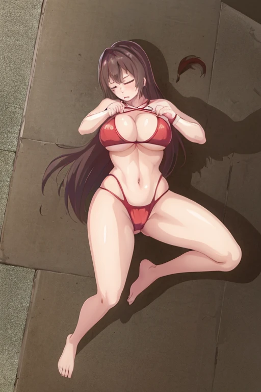 masterpiece, best quality, beautiful art, high resolution, well formed hands, body and fingers, 1 woman, solo, Sayuki Tokihara, adult, hair ornament, big breasted, cleavage, full body, long hair, wearing a sexy dancer outfit, sexy and skimpy bikini, gorgeous legs and thighs, ryona , in peril, she is being beaten up by her opponent, she is knocked down and slapped in the face and being slammed against the floor, receiving the impact of her opponent's attacks, closed eyes, screaming in pain and agony, ryona and perilous scene, bouncing breasts, weak and helpless, martial arts tournament on the beach