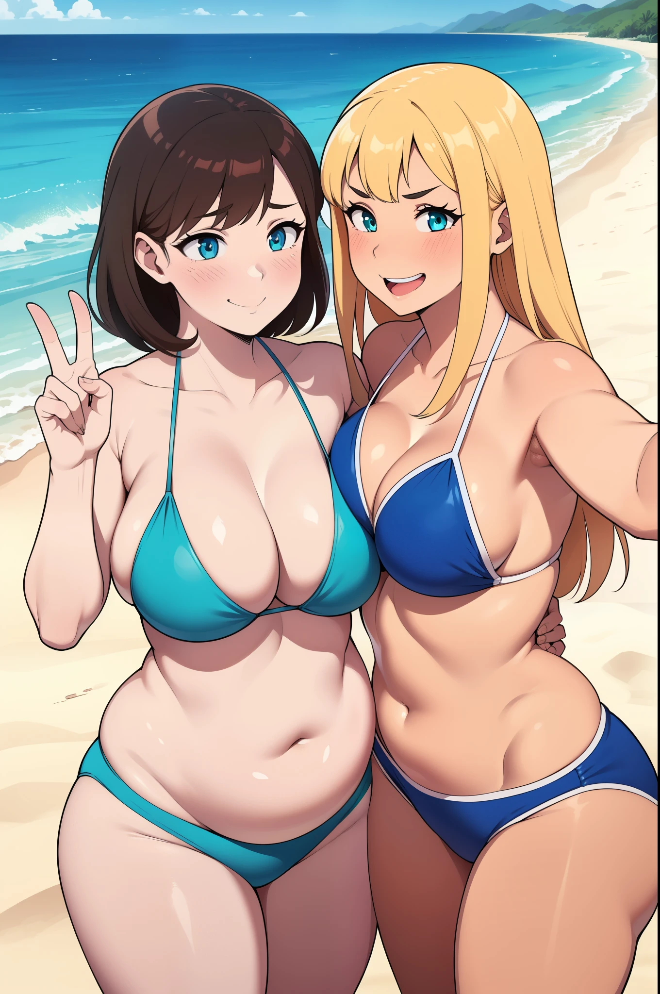 ((highres)), Masterpiece, high quality, best quality, beautiful, perfect lighting, detailed face, ultra cute face, ((2girls)), ((girls A and B)),
Girl A has short brown hair, green eyes, green bikini, medium breasts, wide hips, thick thighs, chubby, chubby belly, blushing, nervous expression,
Girl B had long blonde hair, blue eyes, blue side tie bikini, medium breasts, wide hips, thick thighs, skinny, fit, smile,
Standing on a beach, beach, taking a selfie,