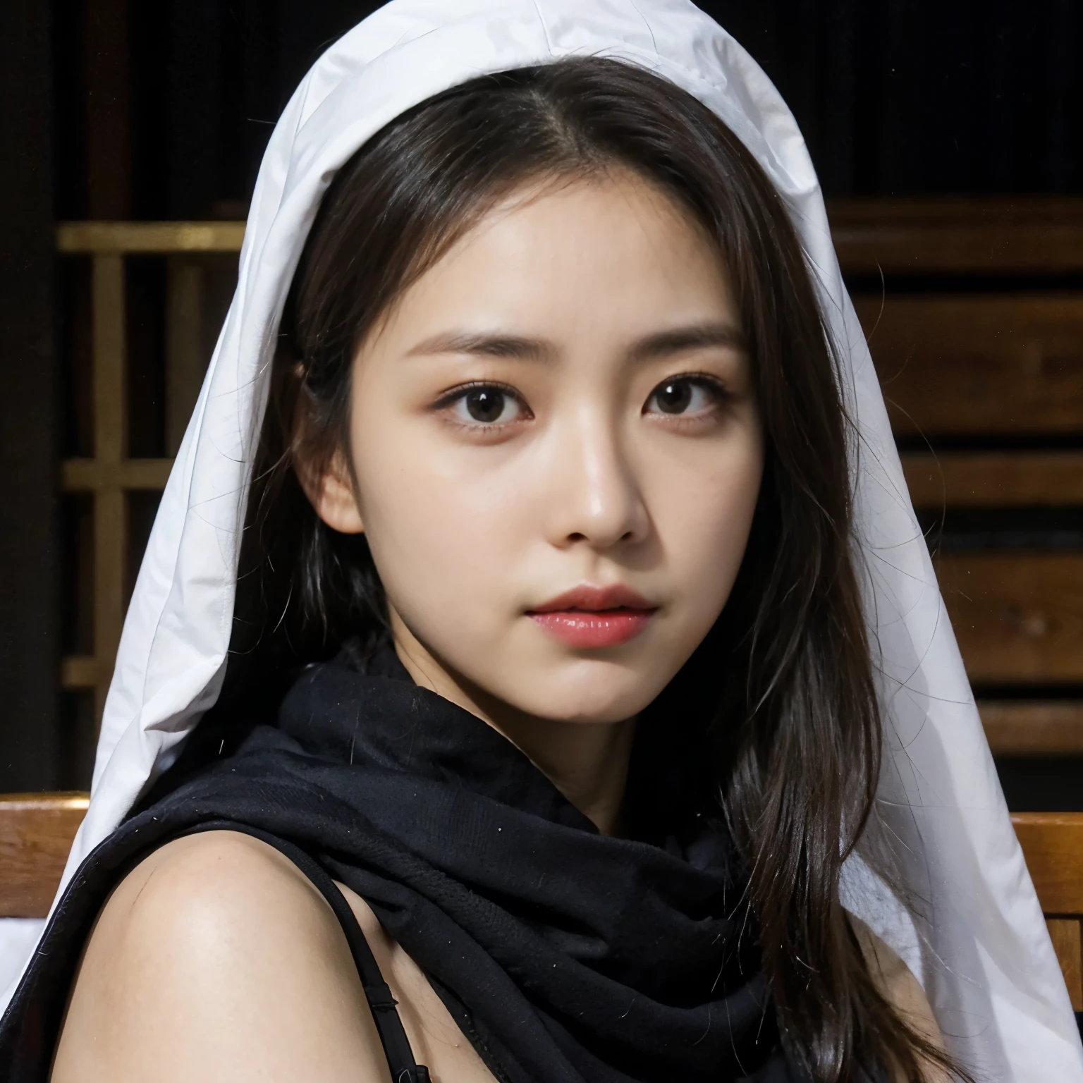 (highest quality、4k、8k、High resolution、Masterpiece: 1.2)、Super detailed、(Real、Photorealistic、Photorealistic: 1.37)、Beautiful nun、Very beautiful woman、Big Breasts、(Skinhead:1.5)、(Put on a nun's scarf:1.5)、 (Wearing the finest lingerie:1.5)、(Assault rifle(XM5)Keep the focus on the audience:1.67)、Cowboy Shot、Dynamic pose、Standing at the altar of the chapel、Stained glass、Hymns、Solemn atmosphere、mynatalee woman