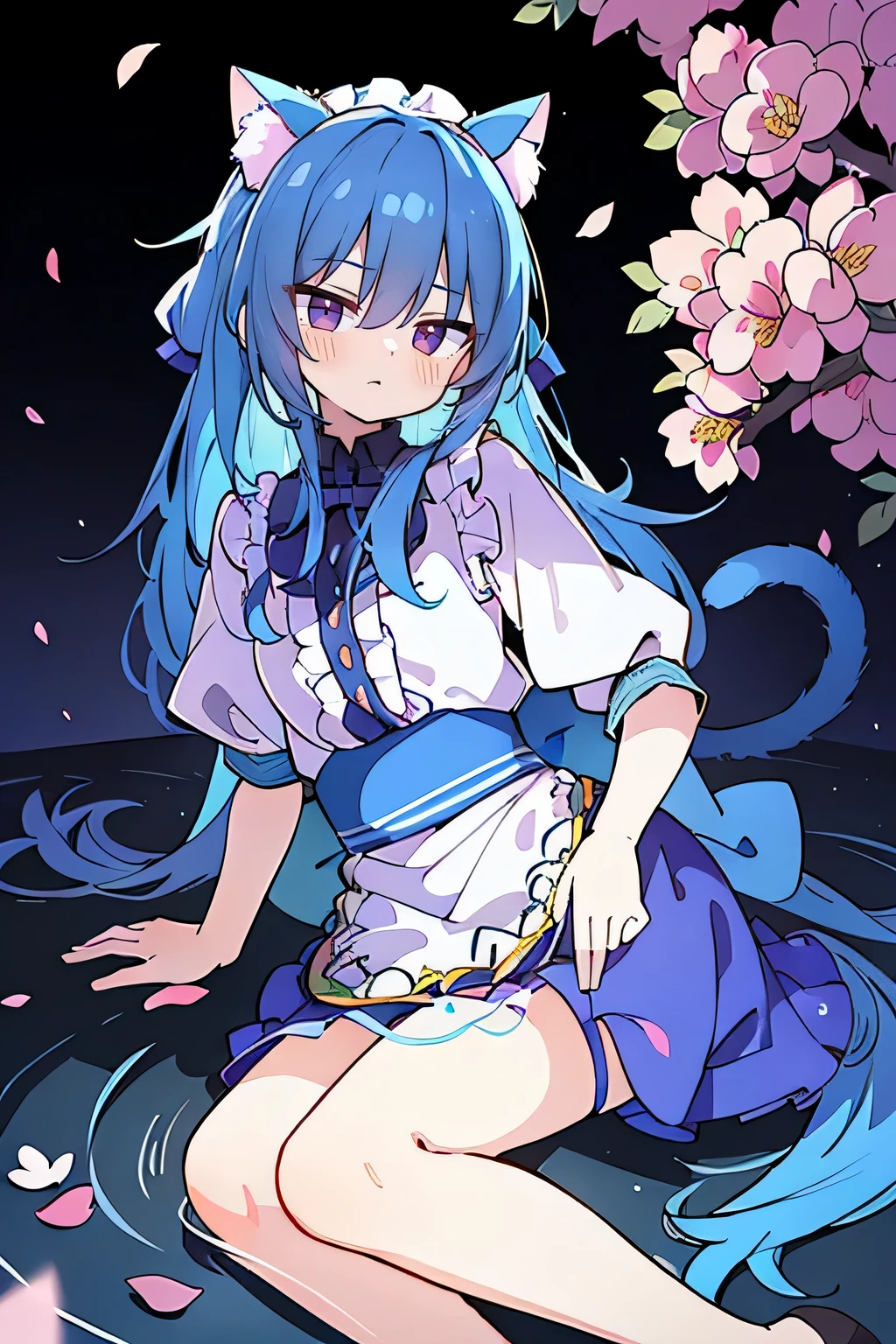 (masterpiece:1.2),ultra-detailed,realistic,expressive eyes,fair-skinned,perfectly shaped face,1girl,
Japanese cartoons,Gorgeous blue hair, flowing blue hair,floating clothes,cat ears,petals falling,beautiful Lola,Hina Angel,
hands on waist,gracefully sitting on the ground,legs crossed,gentle and serene background,cool and comfortable pavilion,night ,