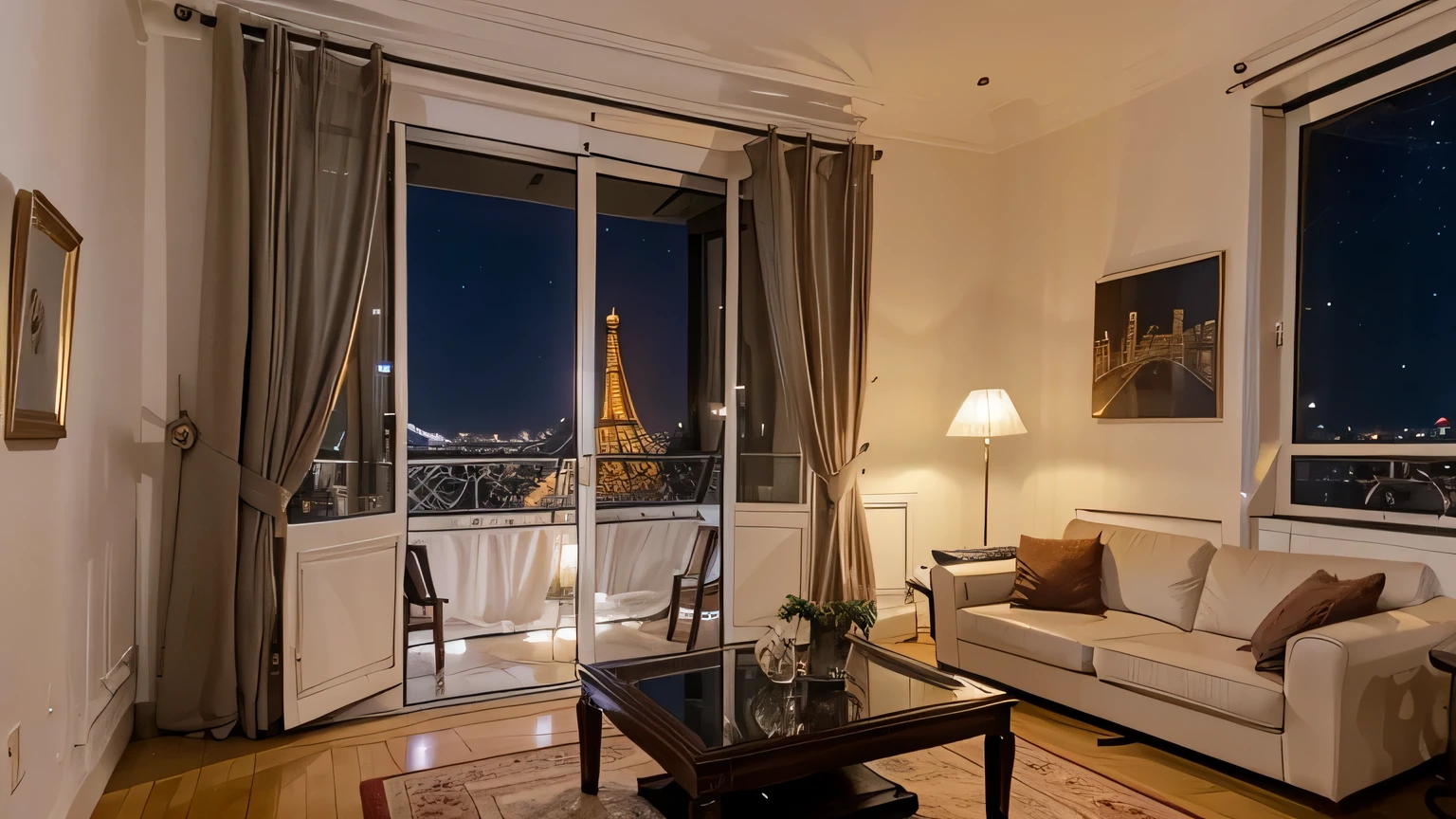 noite em apartamento luxuoso, em paris, vista para torre eiffel, janela grande de vidro