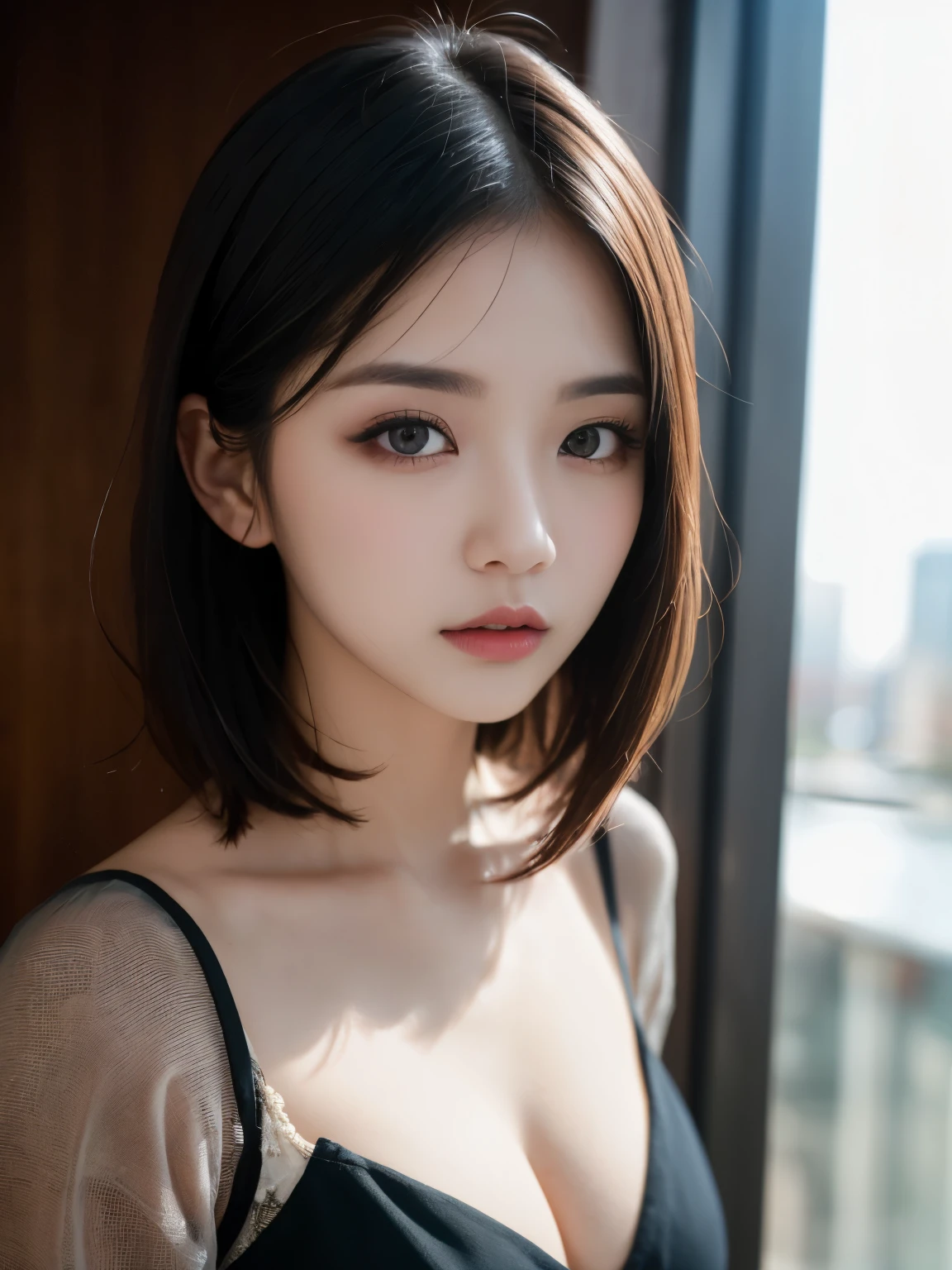 Ulzzang-6500-v1.1, (RAW Photos:1.2), (Photorealistic), (See-through:1.3), (Genuine:1.4), (Pieces fly:1.3), beautiful women, actress, masterpiece, 90'Atmosphere of, Cutting-edge appearance, Rainy night、Rainy weather、highest quality, Very detailed, Photorealistic, Shining Eyes, Detailed face, clavicle, beautiful eyes, black eye, detailed eyeshadow, Black Hair, Lip gloss, Pink Lip, compensate, (charm:1.5), Sharp focus, Clear Eyes, hunter's eyes, eyelash, whole body, (Wavy Hair:1.1),(short hair:1.3), Intense y dress,(beautiful:1.5)