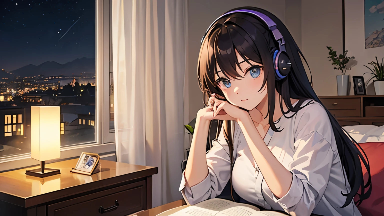 A beautiful girl studying in her room while listening to music with headphones、Warm lighting、Outside the room is a night view、Japanese anime style