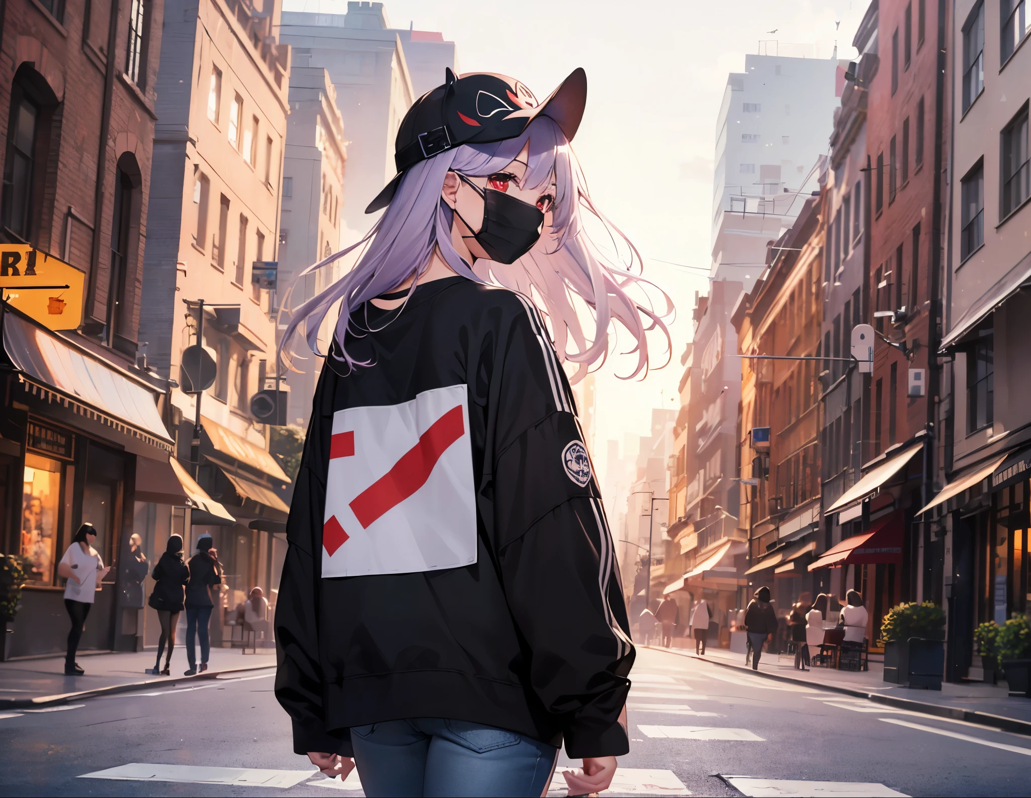 Realistic,highest quality, Ultra Detail, High-quality CG rendering, The most delicate and beautiful, Floating softly, High resolution, (1 girl), (Highest quality,4K,8K,masterpiece:1.2), Light purple hair,Long Hair,Red eyes,(white oversized long sleeve t-shirt:1.3),Black skinny jeans,White Hat,In the city,old buildings,(Black Mask:1.4),(Upper Body:1.3),(Turn your back to your audience:1.3)