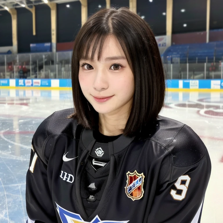 (kawaii 24year-old Japanese girl, Nogizaka idol, Korean idol), female ice hockey player, (glossy black hair, very short hair:1.3), (rounded face, black eyes, single eyelid, no makeup, soft smiling:1.2), (wearing long sleeved ice hockey jersey:1.5), ice hockey gloves, ice hockey helmet, (flat chest, extra small breasts:0.8), (looking at viewer:1.2), BREAK, (skating at ice skate arena, active atmosphere:1.3), (view from forward, bust shot, face focus:1.3), BREAK, (masterpiece, best quality, photo realistic, official art:1.4), (UHD, 8K quality wallpaper, high resolution, raw photo, golden ratio:1.3), (shiny skin), professional lighting, physically based rendering, award winning, (perfect anatomy, highly detailed skin, extremely detailed face and eyes:1.2), Carl Zeiss 300mm F/2.8, depth of field, 1girl, solo, nhl player, national hockey league player,