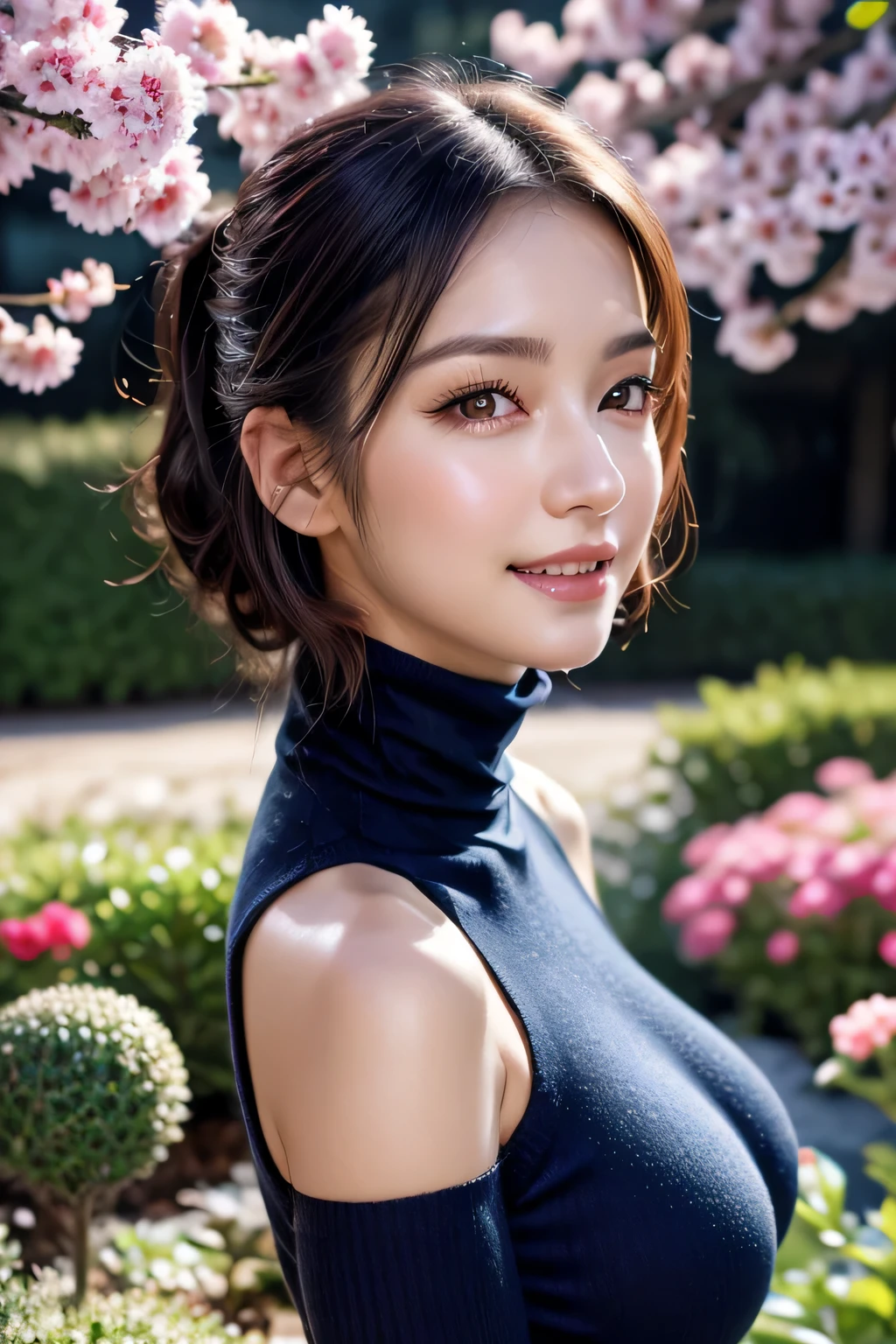 (8k, RAW Photos, highest quality, masterpiece, Realistic, Realistic), (1 female), (Ultimate beauty), Highly detailed face, (Perfect Teeth), Beautiful Eyes, double eyelid, eyelash, smile, Lip details, brunette bob, The light shines on your face, Big Breasts, ((Blue turtleneck sweater)), ((Upper Body)), (background: garden), ((Written boundary depth))