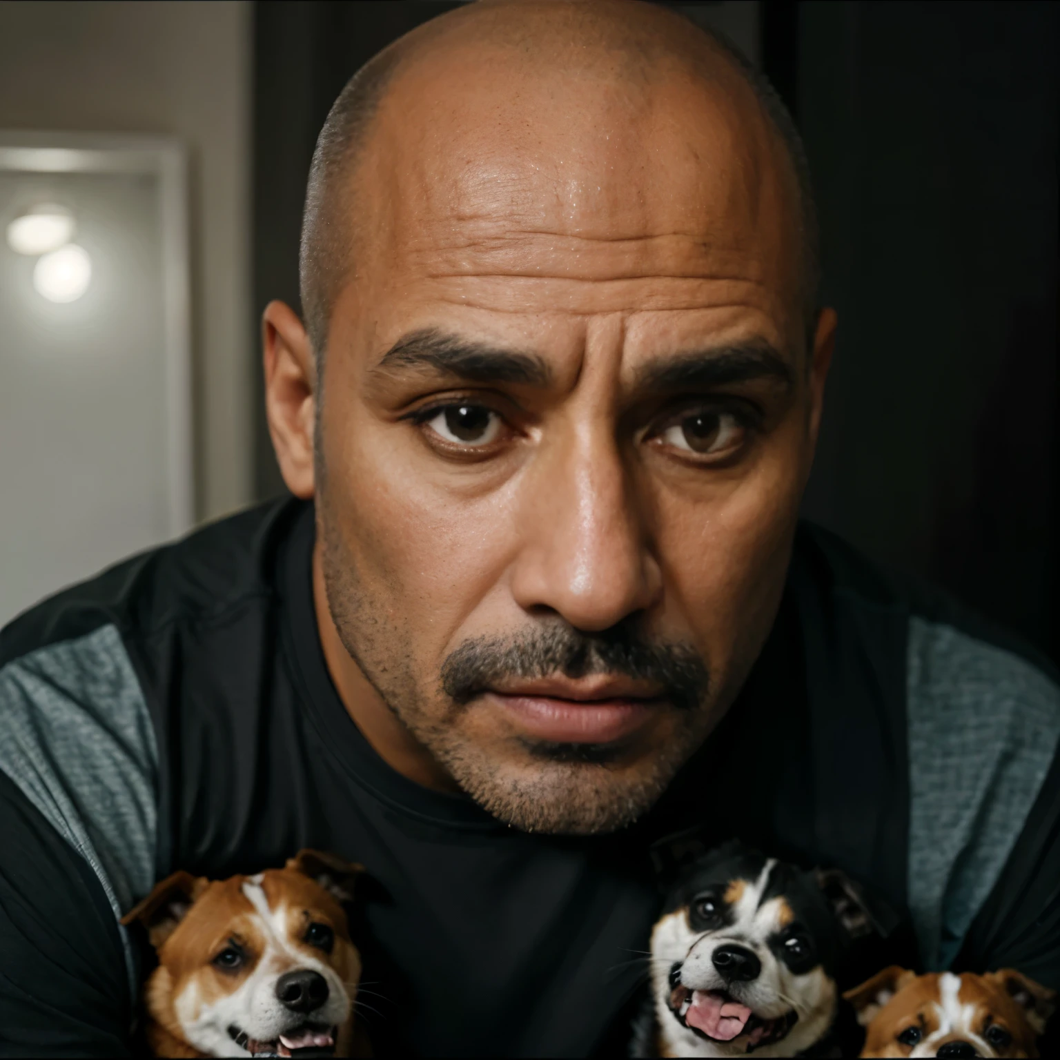 Homem careca com barba grande, sem oculos, vigilante shirt with several dogs on the side, olhos atento