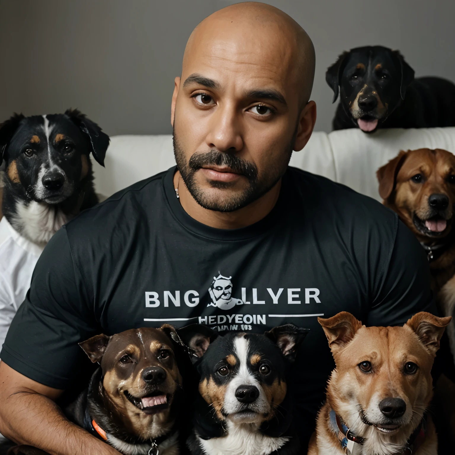 Homem careca com barba grande, sem oculos, vigilante shirt with several dogs on the side, olhos atento