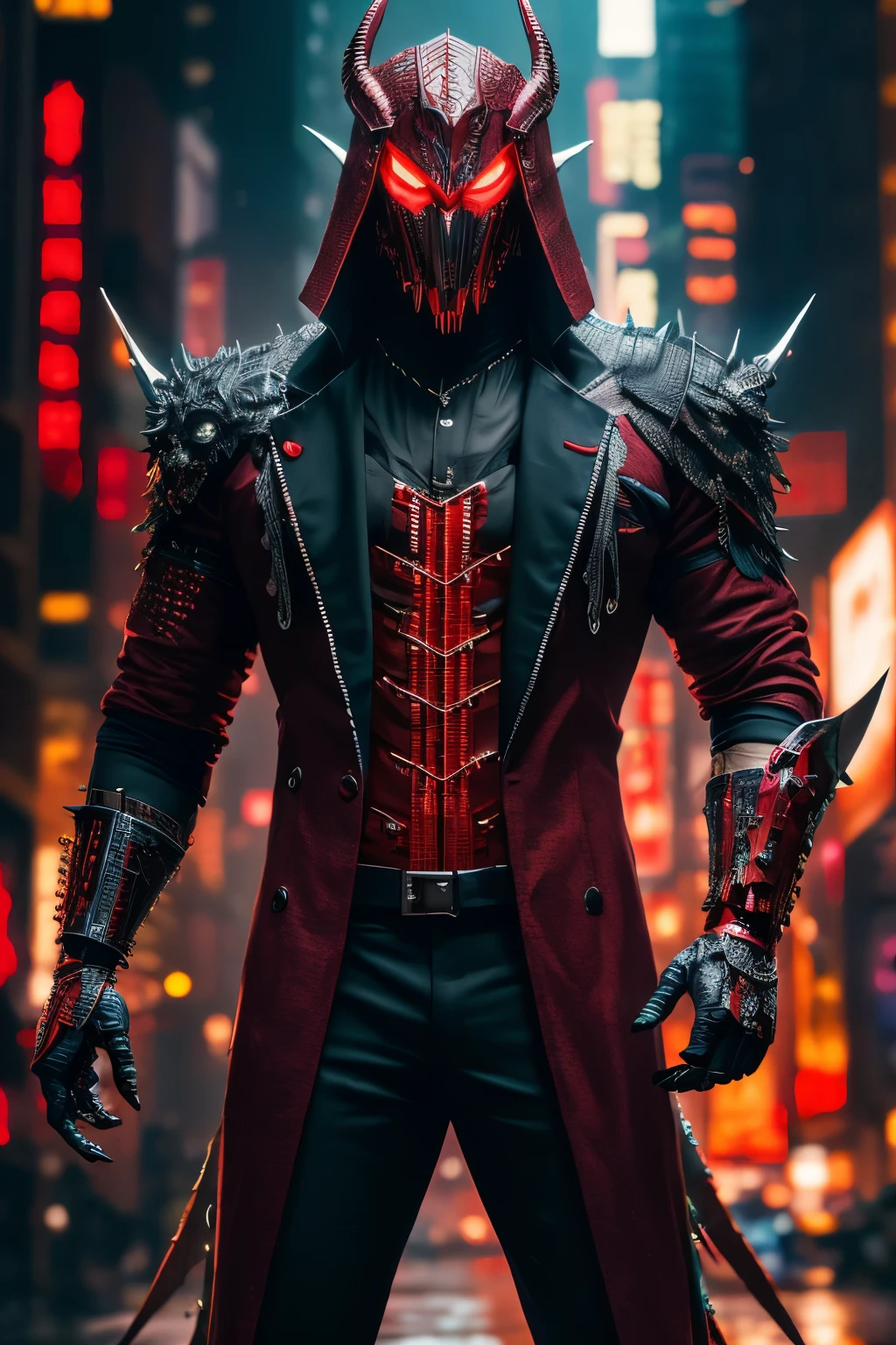 (extremely detailed 8k wallpaper), a medium shot photo of red cyberpunk Grim dressed as a dragon in a suit made of metal from marvel, horror theme, intricate, high detail, dramatic