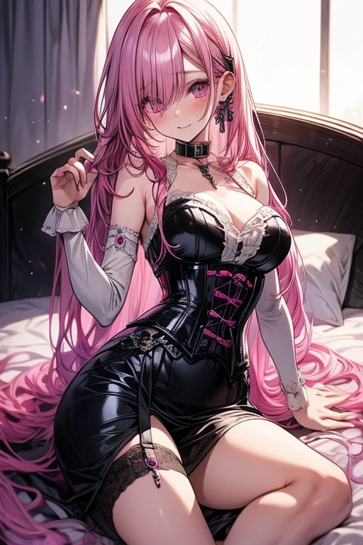 A pink haired woman with violet eyes and an hourglass figure is posing in a sexy corset on a bed