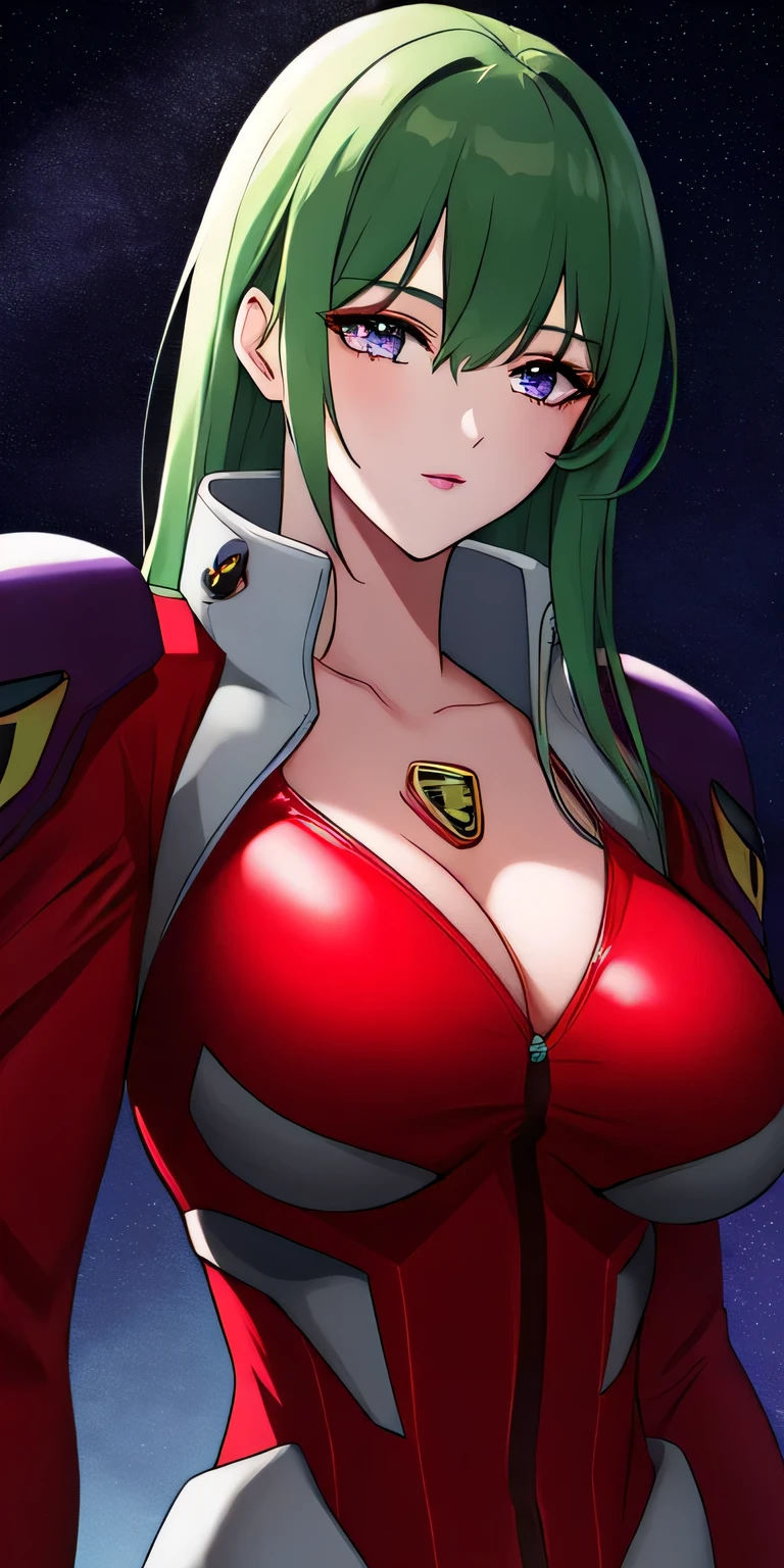 emiliajenius, large_breasts, huge_breasts, standing, solo, Red_pilot_suit_White_bustier_Purple_shoulder_pads_High_collar, starry_sky, green_hair,, masterpiece, best_quality, detailed_face, detailed_eyes, highres, beautiful, detailed,