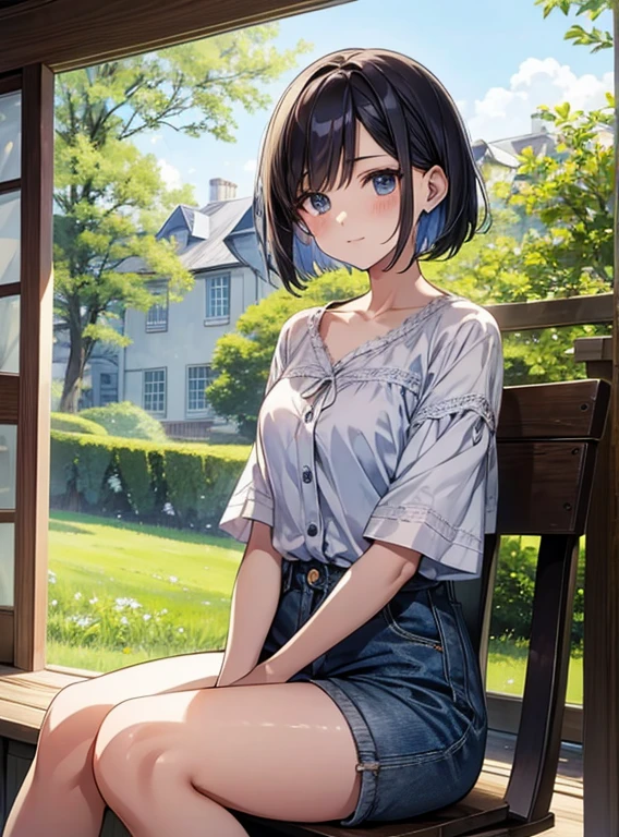 Short Bob、Beautiful and attractive anime woman, Enchanting anime girl, Top rated on pixiv、summer、Country house、sitting on the edge、No sleeve、summerの服、shaved ice、Shorts