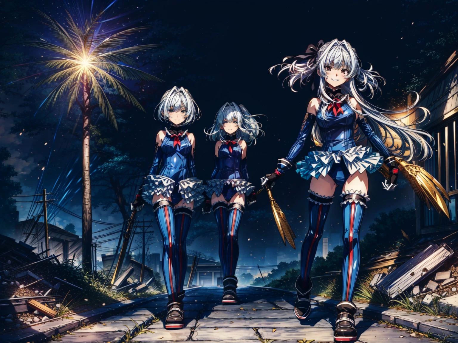 Perfect Anatomy, Highest quality, marirose,,Provocative attitude
,(Dawn greets the sky above the rubble:1.1),(Emotionless,Expressionless:1.4),Anime Style,(Frilled swimsuit, Knee socks, Removed sleeve), (Anime Style:1.4) ,(3girls:1.5),
Silver Hair,(White fingers:1.1,Black gloves),Very long hair,Evil Aura,(from directly below:1.4),full body