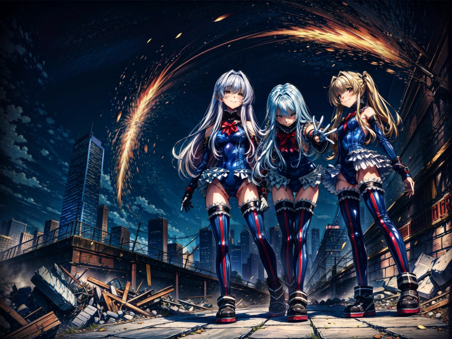 Perfect Anatomy, highest quality, marierose,look at me lovingly,
Wicked Smile,Anime Style,(Frilled swimsuit, Knee socks, Removed sleeve), (Anime Style:1.4) ,
,(White fingers:1.1,Black gloves),,Evil Aura,Rape Eye,Full body view,4girls,Pile of rubble,Young Girl