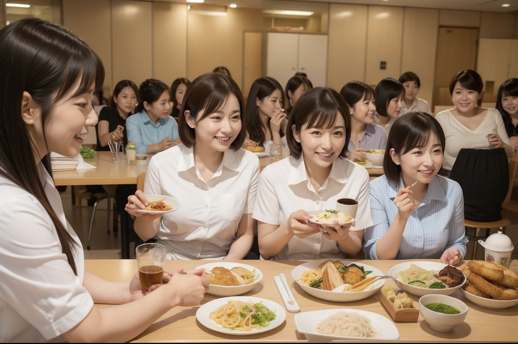 ((highest quality, 8k, Representative works in detail, Ultra-high resolution)), (Group photo of women), (Looking at the audience), (Mid Shot:), Five attractive businesswomen、women only、 A little chubby:0.25, White collared shirt, Grey Skirt, mini skirt、私nside a high-rise office,wide、Sit down and eat、company cafeteria、Friendly office ladies;Having lunch、Happy expression、color々Food、Daily set meal、Ramen、Udon、Omelette rice、sandwich、curry、Pork cutlet on rice、coffee、Eat with a knife and fork、Facing table、四人掛けのテーブルにSit down and eat、