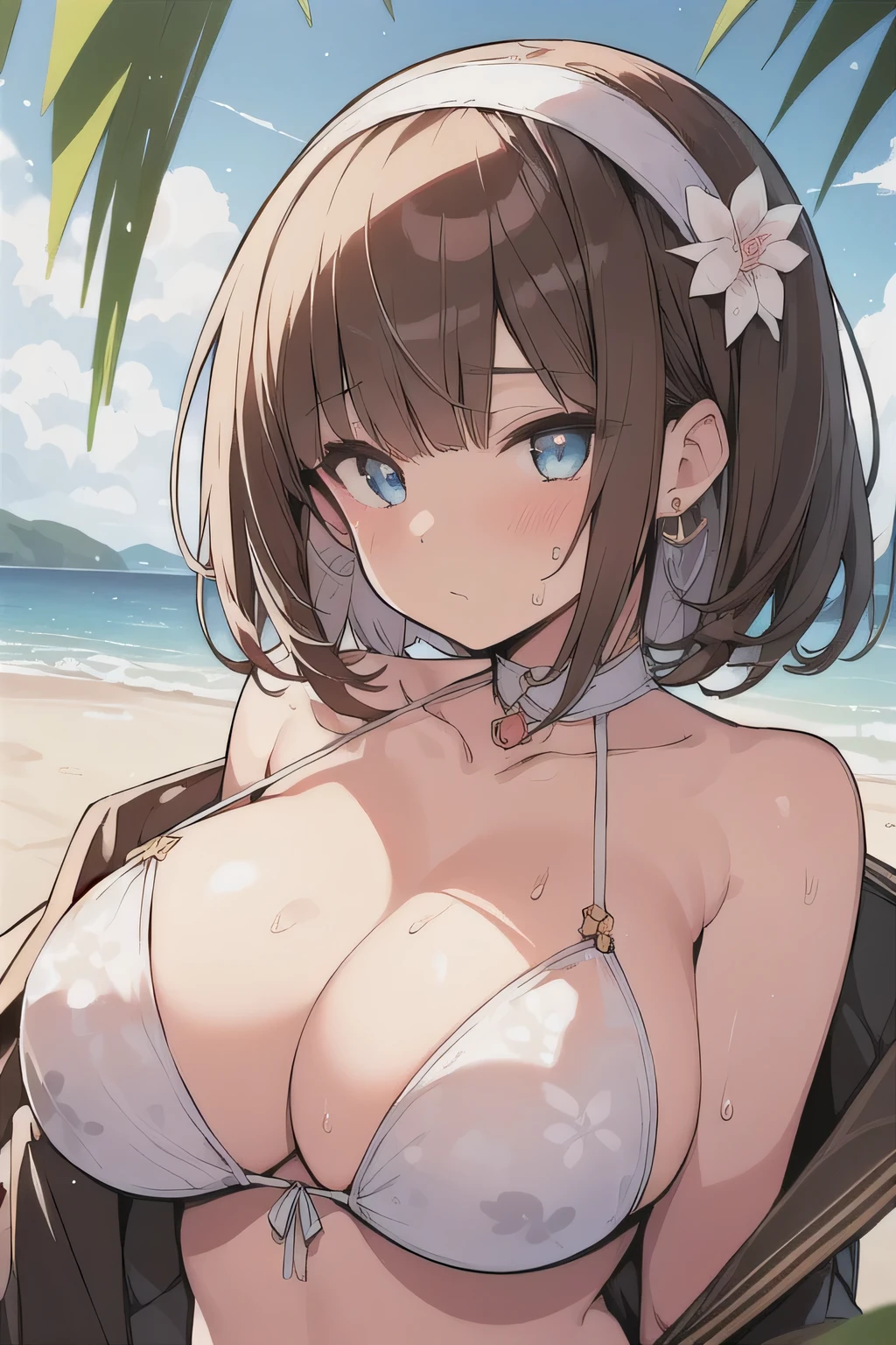 (best quality), (Super detailed), (Best Illustration), (1woman), look at viewer, (flower pattern bikini), (Big Breasts:1.2), {brown hair, (bob cut:1.2), curly hair, hairs between eyes}, {(detailed eyes), heart-shaped pupils, blue eyes}, sweat, steam, earrings, white hairband, beach