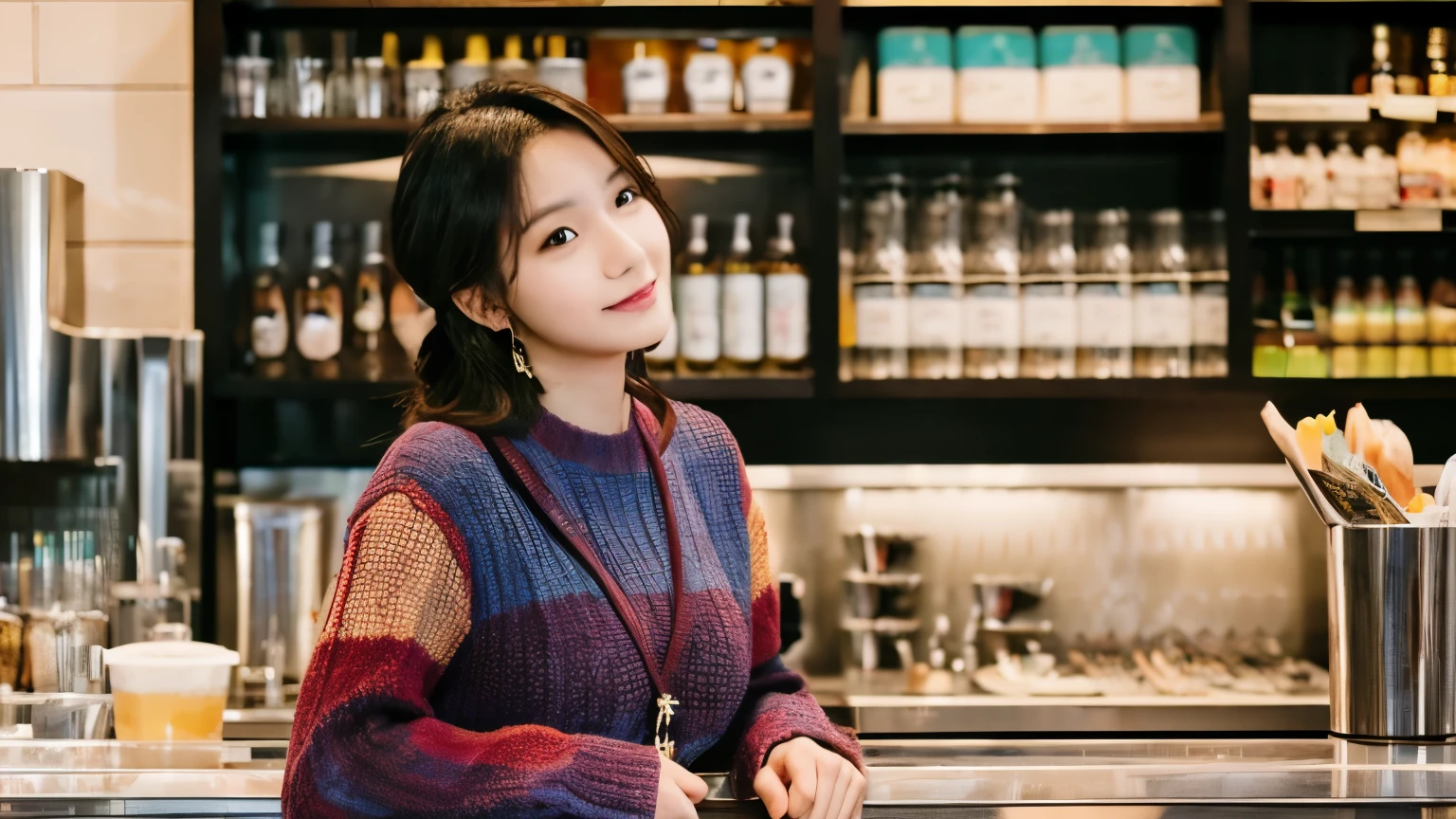super high quality, Slender, The staff is working at the counter in the back., (8k、RAW Photos、highest quality、masterpiece:1.2), Stylish café, Fashion magazine photoshoot, (Realistic、Photorealistic:1.37), Beautiful Face , Mesh Hair, Normal chest, Urban Cafe, Golden Ratio, Raw photo, musician, Blurred Background, curl, Spring Clothes, Beauty, 30 years old, Neat clothes, 
