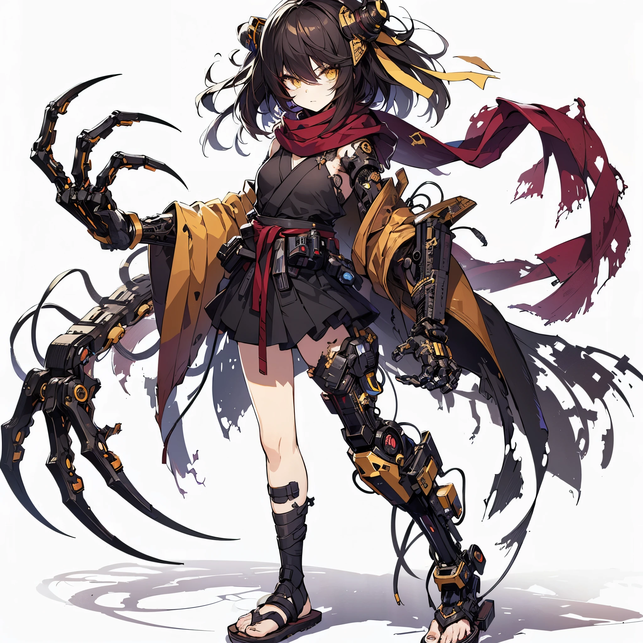 (Masterpiece, top quality), (detailed hair), super detailed, anime style, full body, solo, cyberpunk fighter girl, neck-length black-yellow hair, gold eyes, right hand converted to cybernetic terrifying claw. cyber-kimono, and torn red scarf, cyber horned, wearing tabi sandal, white background, whole body, standing in wasteland,
