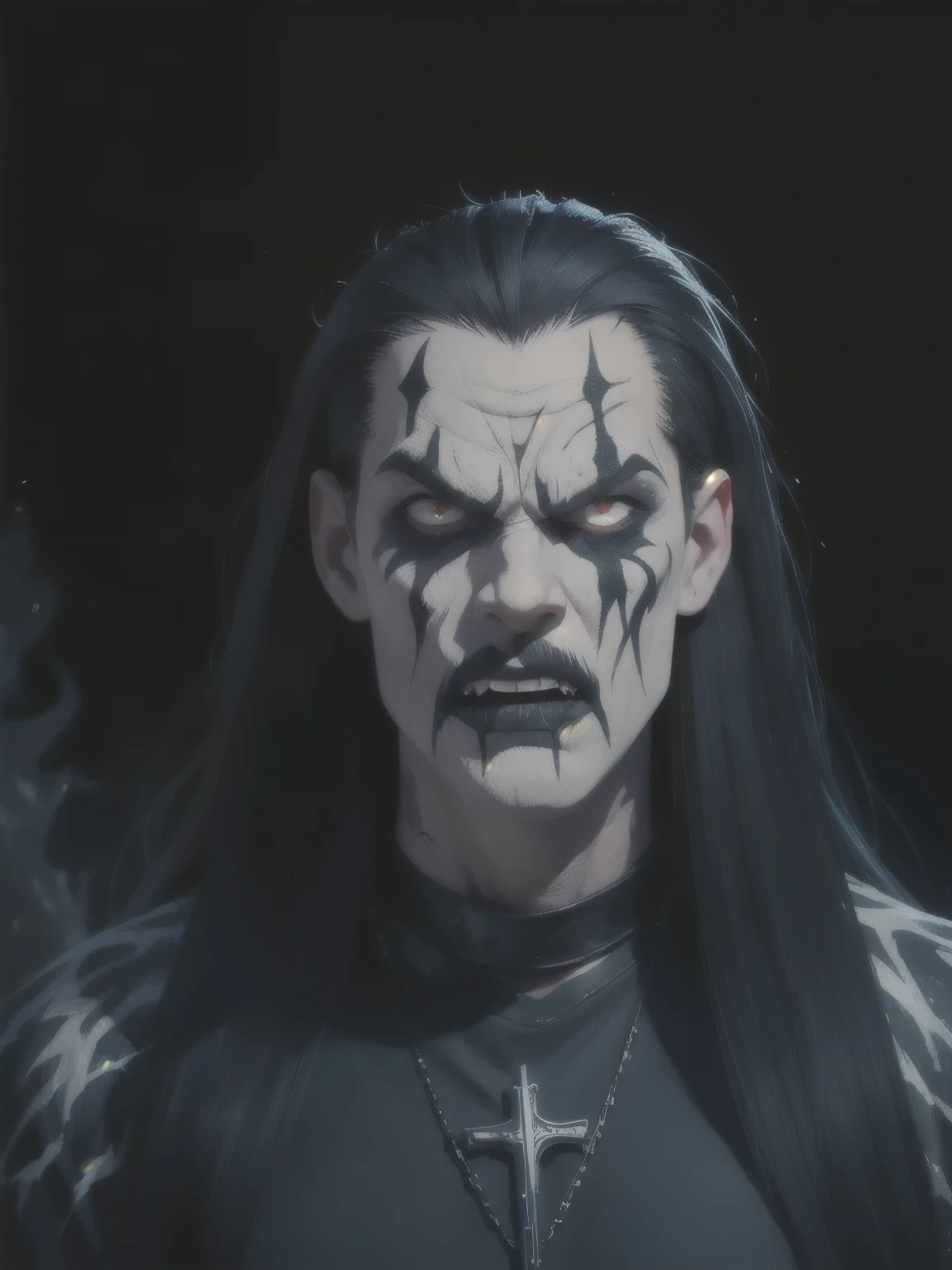 (masterpiece, best quality:1.2), (((1man, male))) , solo, highres, best quality, Half body shot of a strong Man, pale white skin angry man with (((black metal corpsy paint))), ((Angry face)) , heavy White and Black face paint, in a gothic cemitery, at night, horror movie. high details, super detail, textured skin, masterpiece, UHD, 4K, 8k. ((Cinematic lighting)). Church on fire background 