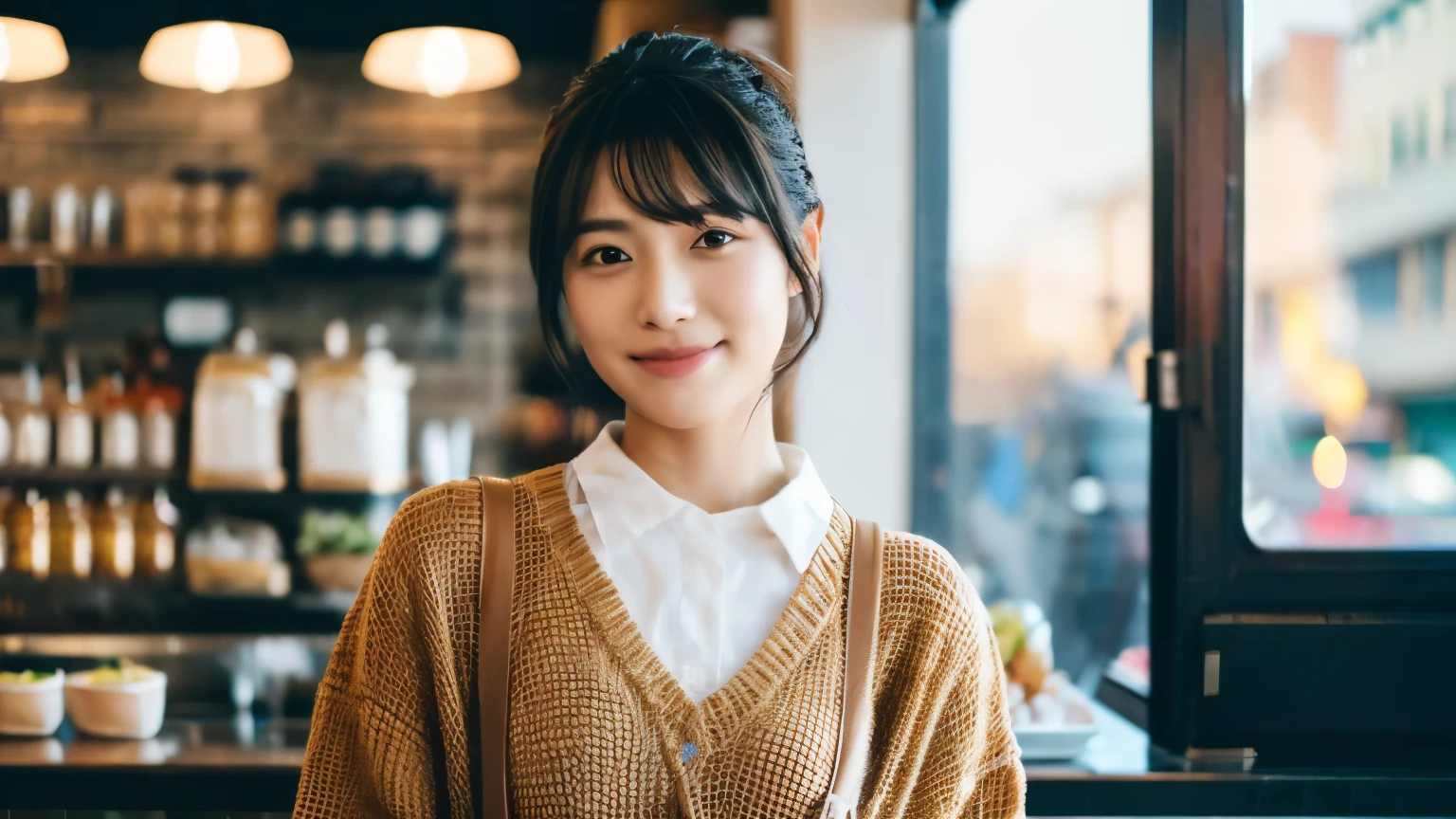 super high quality, Slender, The staff is working at the counter in the back., (8k、RAW Photos、highest quality、masterpiece:1.2), Stylish café, Fashion magazine photoshoot, (Realistic、Photorealistic:1.37), Beautiful Face , Mesh Hair, Normal chest, Urban Cafe, Golden Ratio, Raw photo, musician, Blurred Background, curl, Spring Clothes, Beauty, 30 years old, Neat clothes,