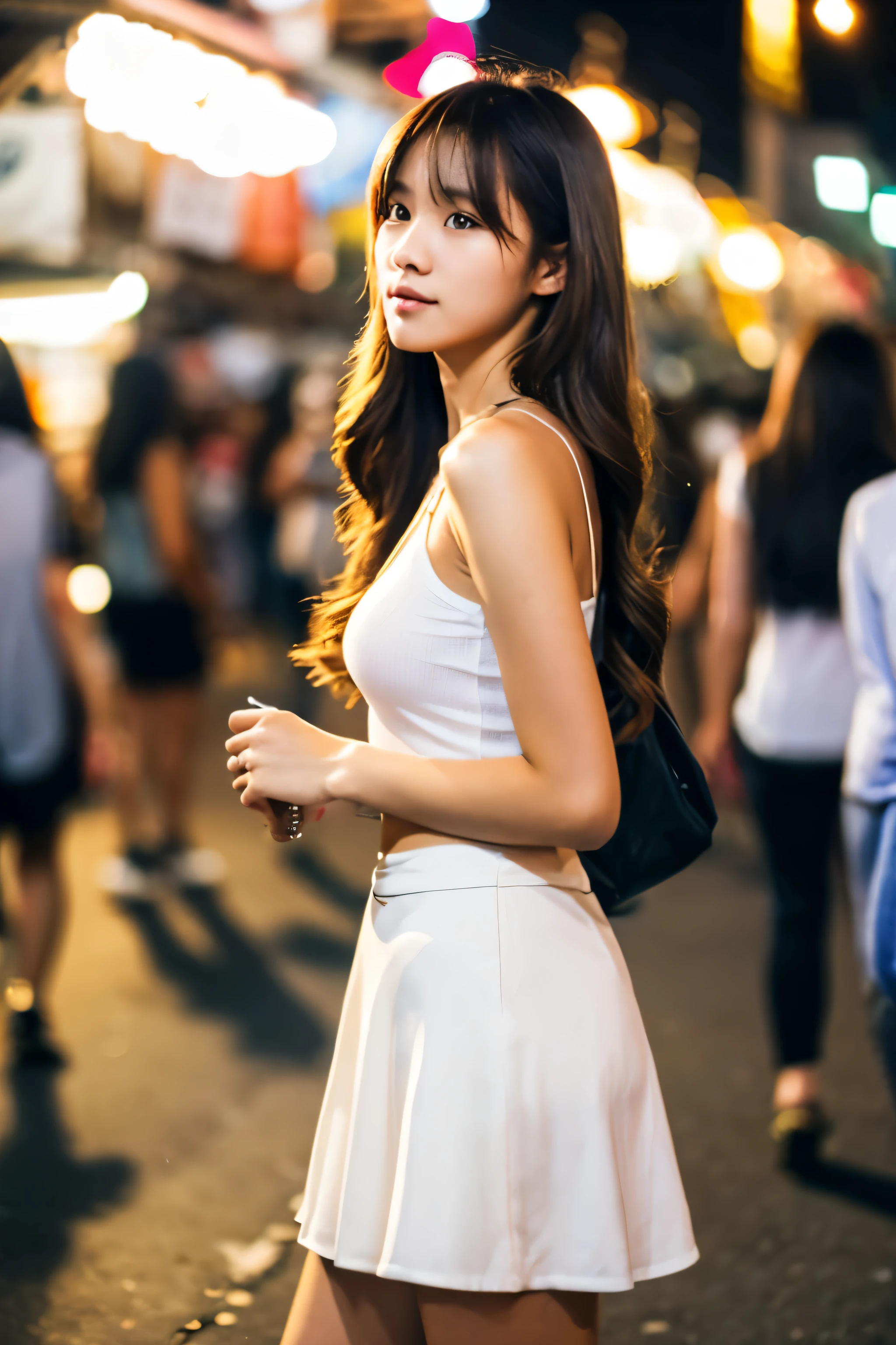 Realistic, 1 girl, long brown hair, slim body,slim face, white skirt, tank top, city street, night market, bokeh,