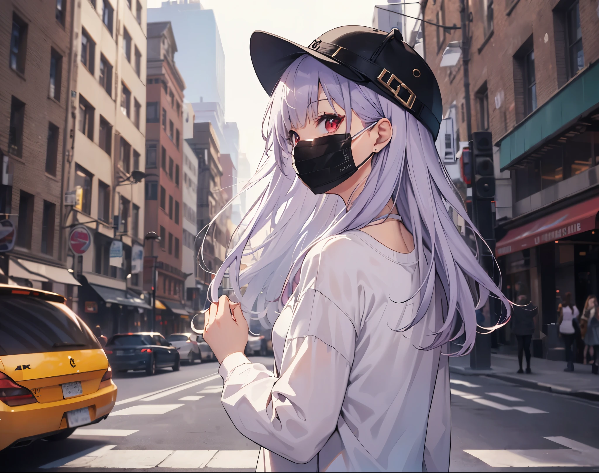 Close-up,Realistic,highest quality, Ultra Detail, High-quality CG rendering, The most delicate and beautiful, Floating softly, High resolution, (1 girl), (Highest quality,4K,8K,masterpiece:1.2), Light purple hair,Long Hair,Red eyes,(white oversized long sleeve t-shirt:1.3),Black skinny jeans,White Hat,In the city,old buildings,(Black Mask:1.4),(Upper Body:1.3),(Turn your back to your audience:1.3),Ass