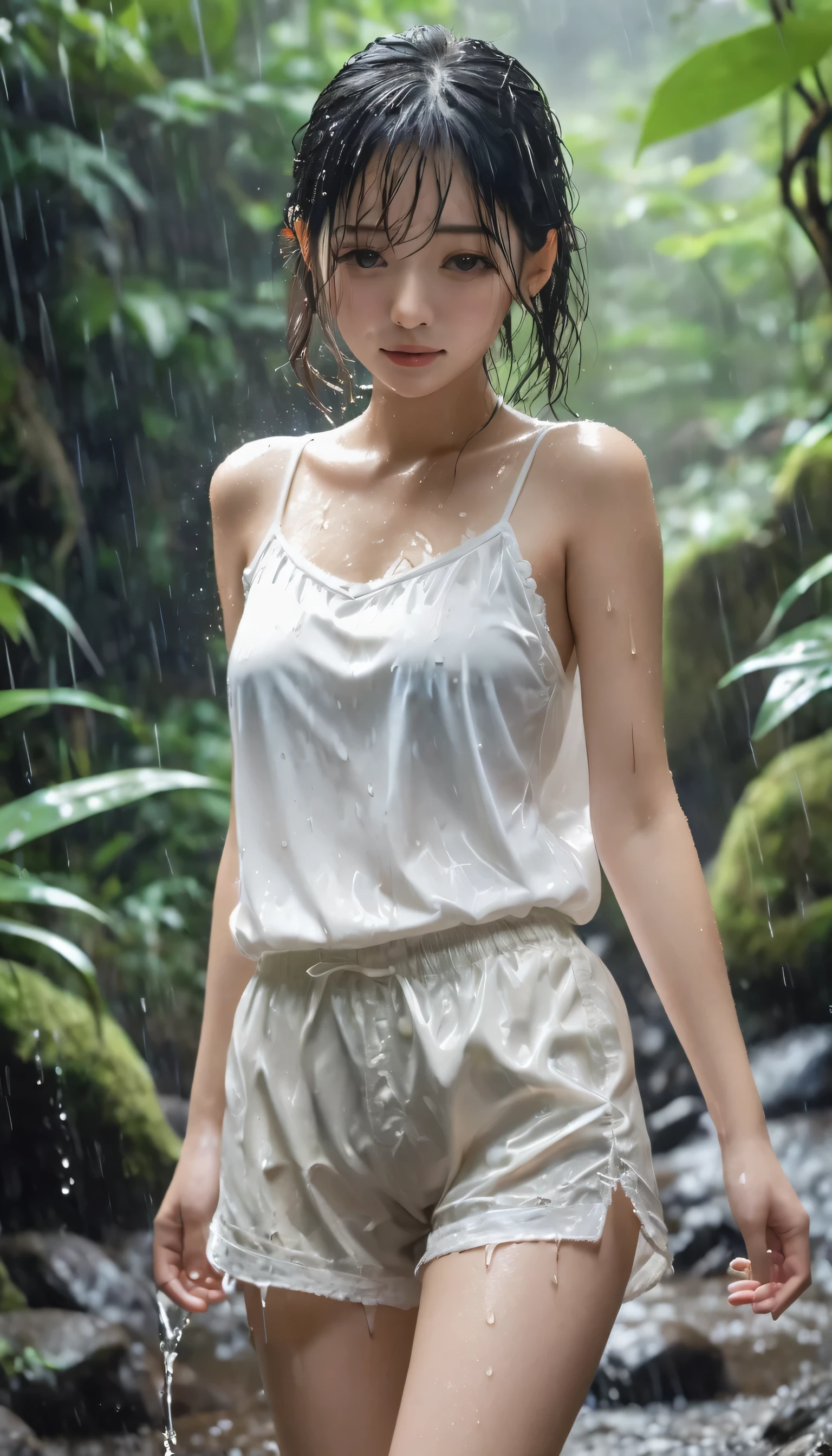 (highest quality, 4K. photograph, Fine:1.4), (One Japanese girl soaking wet）, 18-year-old, very cute, Crying loudly, Very wet and tattered white nylon shorts, A very wet and tattered white camisole, Are crying, Very beautiful, Thighs, Tattered, wet white nylon shorts, covering one&#39;s chest with one&#39;s arms, Are you crying because you&#39;re embarrassed?, A tattered, wet white camisole, Mountain trail, Walking while crying, jungle, Soaking wet,　
