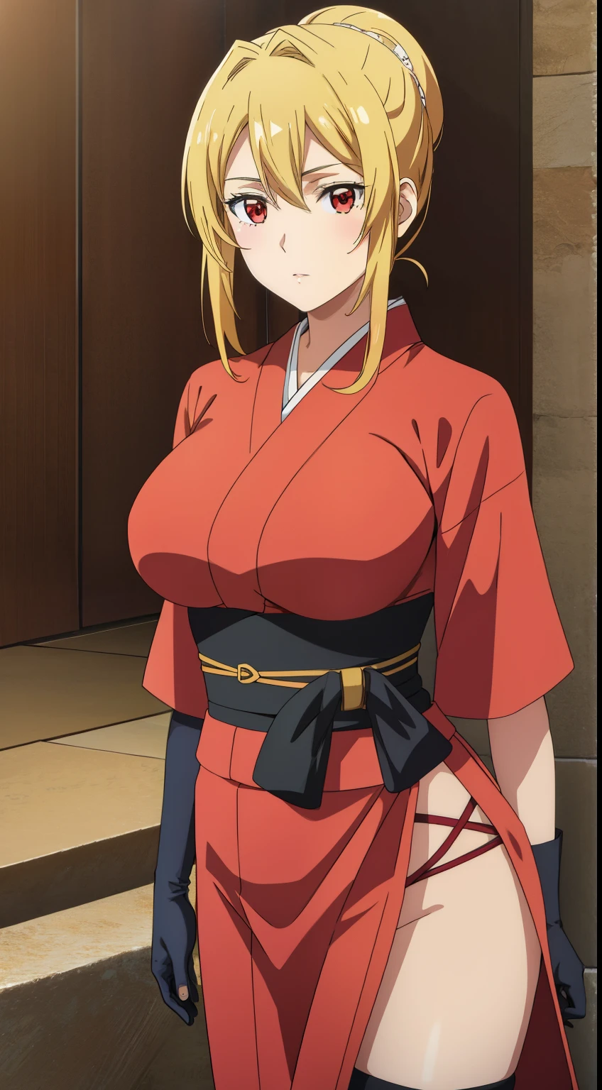 best quality, high resolution, anime art style, beautiful detailed eyes, extremely detailed face, soft expression, stylish pose, Angelica V4,1girl,solo,red eyes, elbow gloves, kimono, short sleeves, thigh straps, looking at the audience, in the center of the image, beautiful large medium-sized breasts, beautiful face, slim waist, appealing, soft lighting,