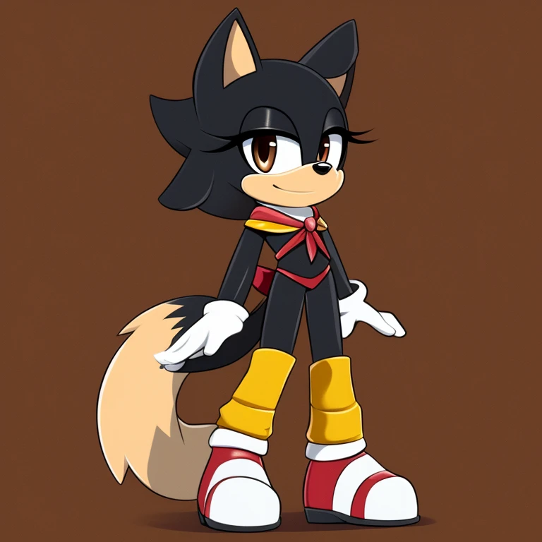 Mobian, dog, black fur, black muzzle, dark brown eyes, no hair, full body, female