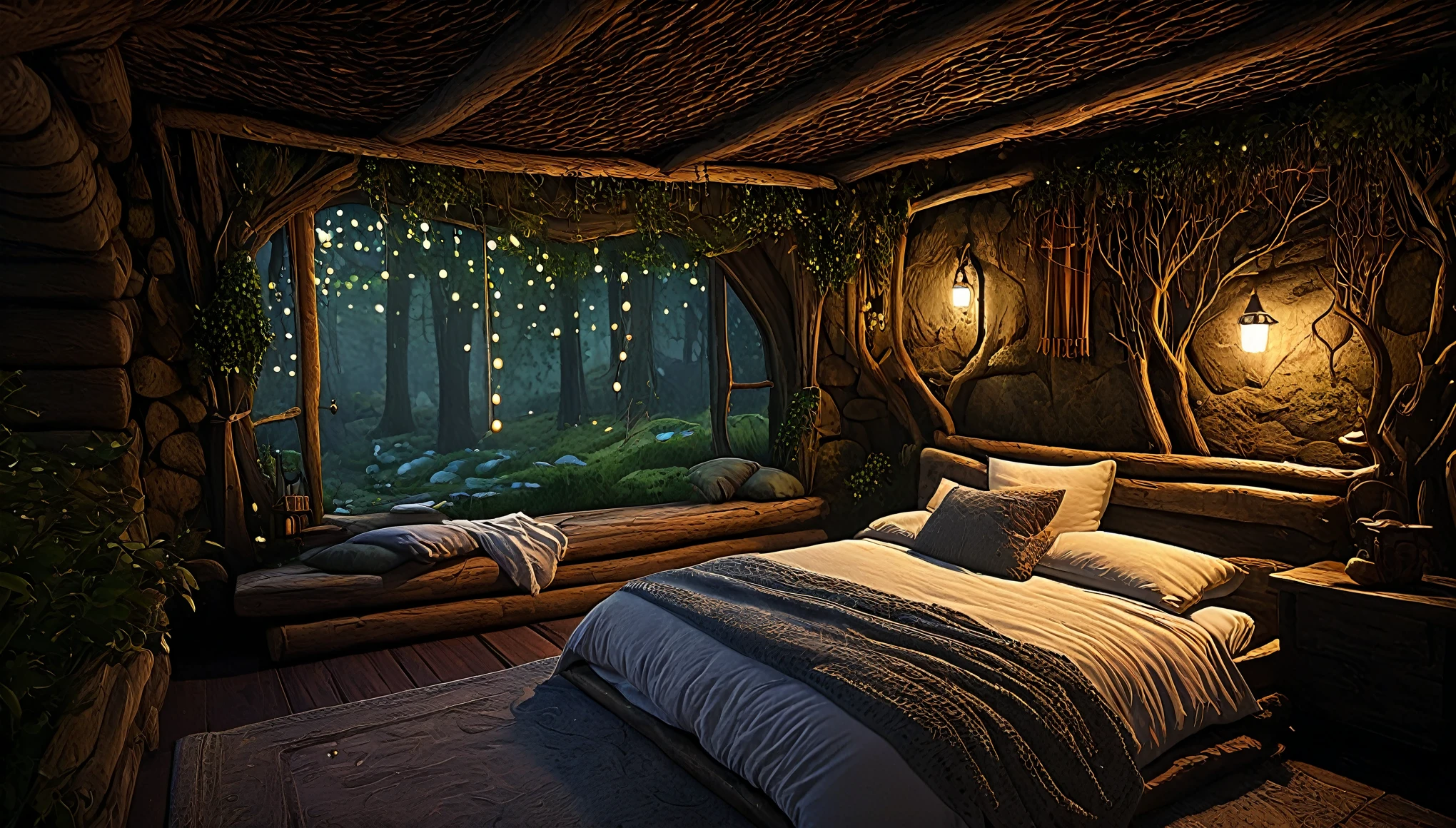 Deep in the woods at midnight, bedroom in a fairy house, rustic furniture, soft indirect lighting, earth-colored pillows and blanket on the bed, cosy enchanted scene, beautiful render of a fairytale, magical environment, relaxing concept art, cozy place, realistic fantasy render, enchanted magical fantasy forest, magical realism style, background artwork, dreamy and detailed, cozy and peaceful atmosphere, 8k high quality detailed art, fantasy style 8 k octane render, cozy environment