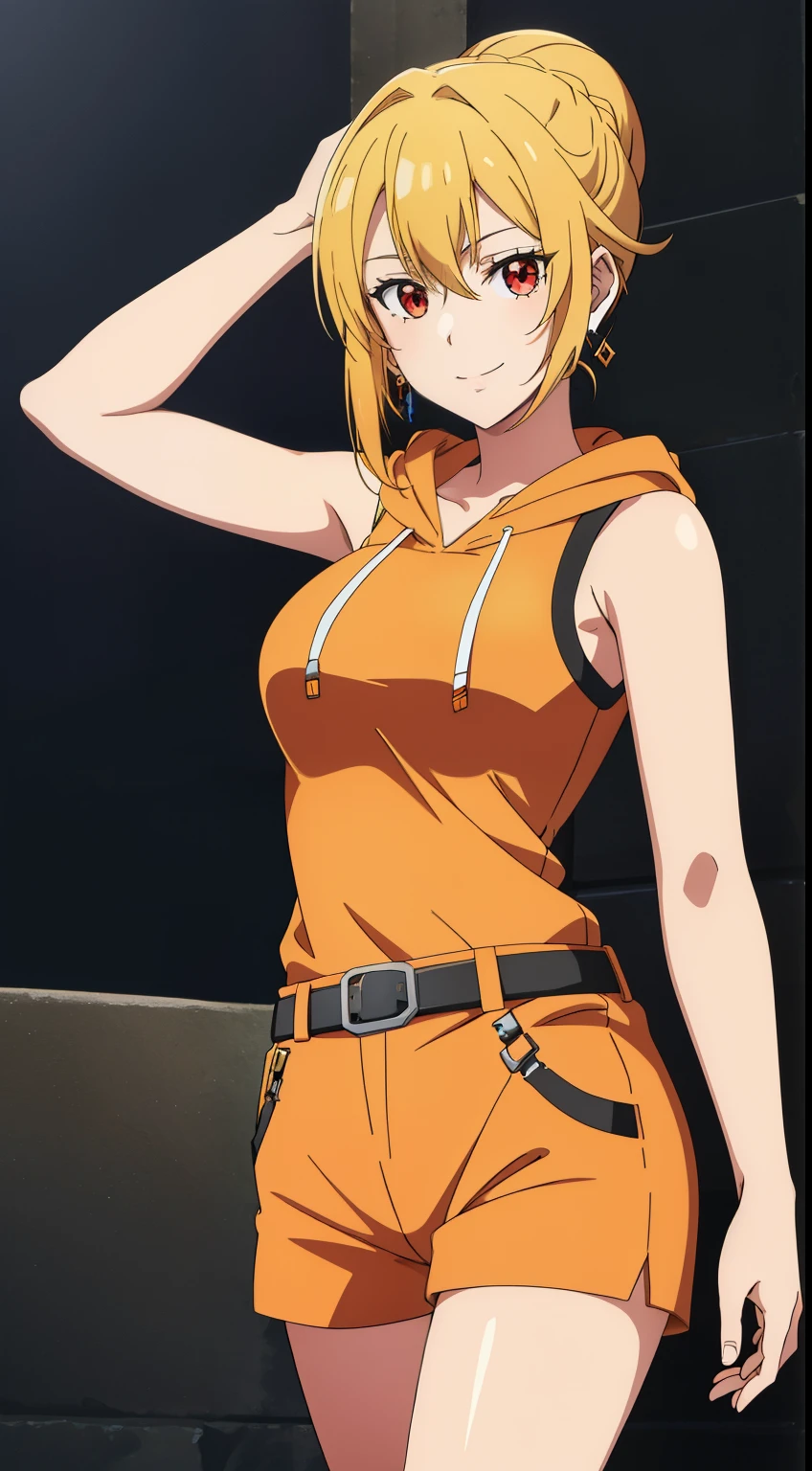 best quality, high resolution, 8K, anime art style, beautiful detailed eyes, extremely detailed face, soft expression, stylish pose, Angelica V4,1girl,solo,red eyes, (earrings, orange hoodie, sleeveless, side bust, gray shorts, belt, smile), looking at the audience, in the center of the image, beautiful large medium-sized breasts, beautiful face, slim waist, appealing, soft lighting,