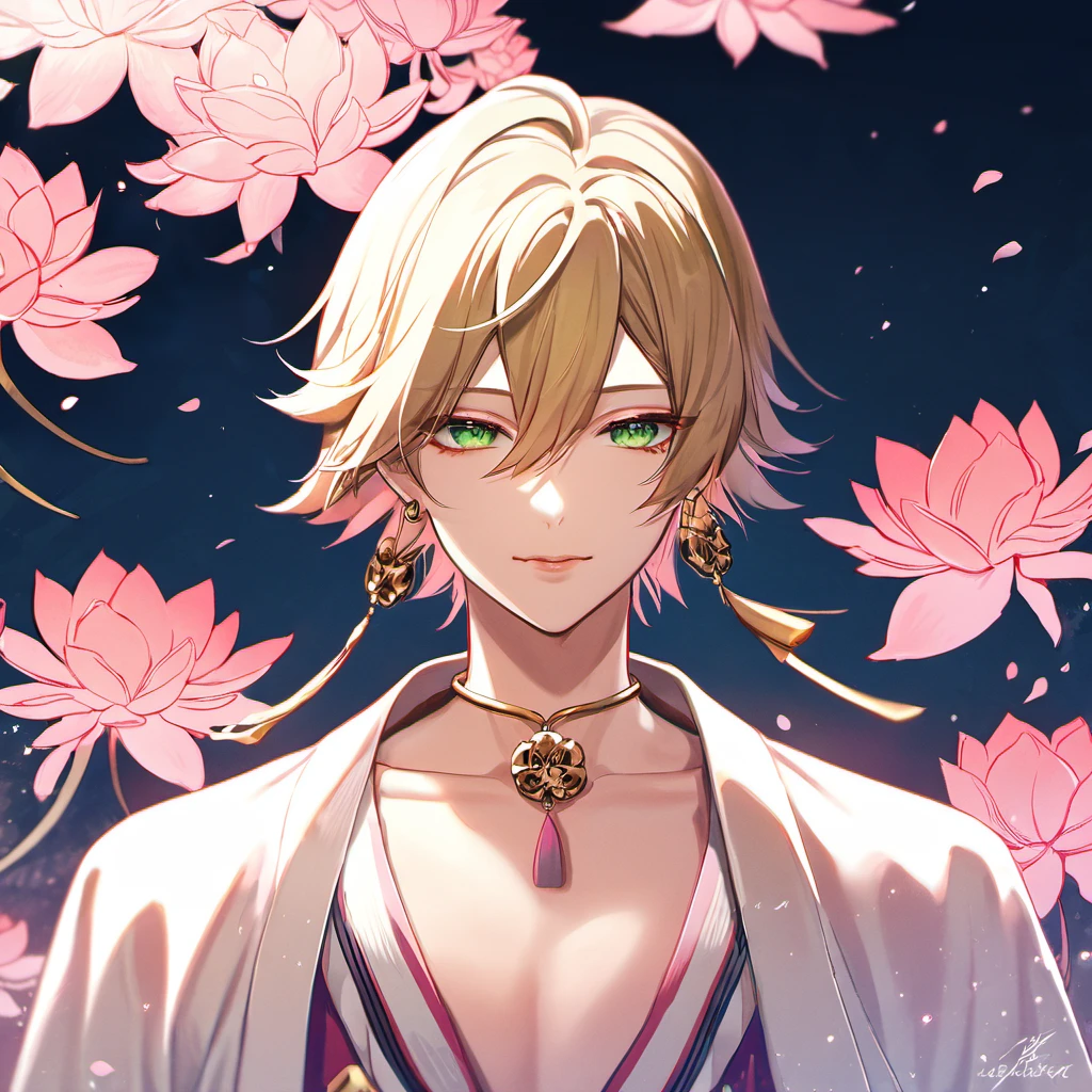 (absurdres, highres, ultra detailed, HDR), master piece, best quality, perfect face, delicate features, vibrant green eyes, solo, man, handsome, Taishakuten, ash-blond hair, hair between the eyes, white tunic, showing the chest, lotus earrings, onmyoji, pink moon, pink flames, pink petals, pink butterflies, sky, blossoms