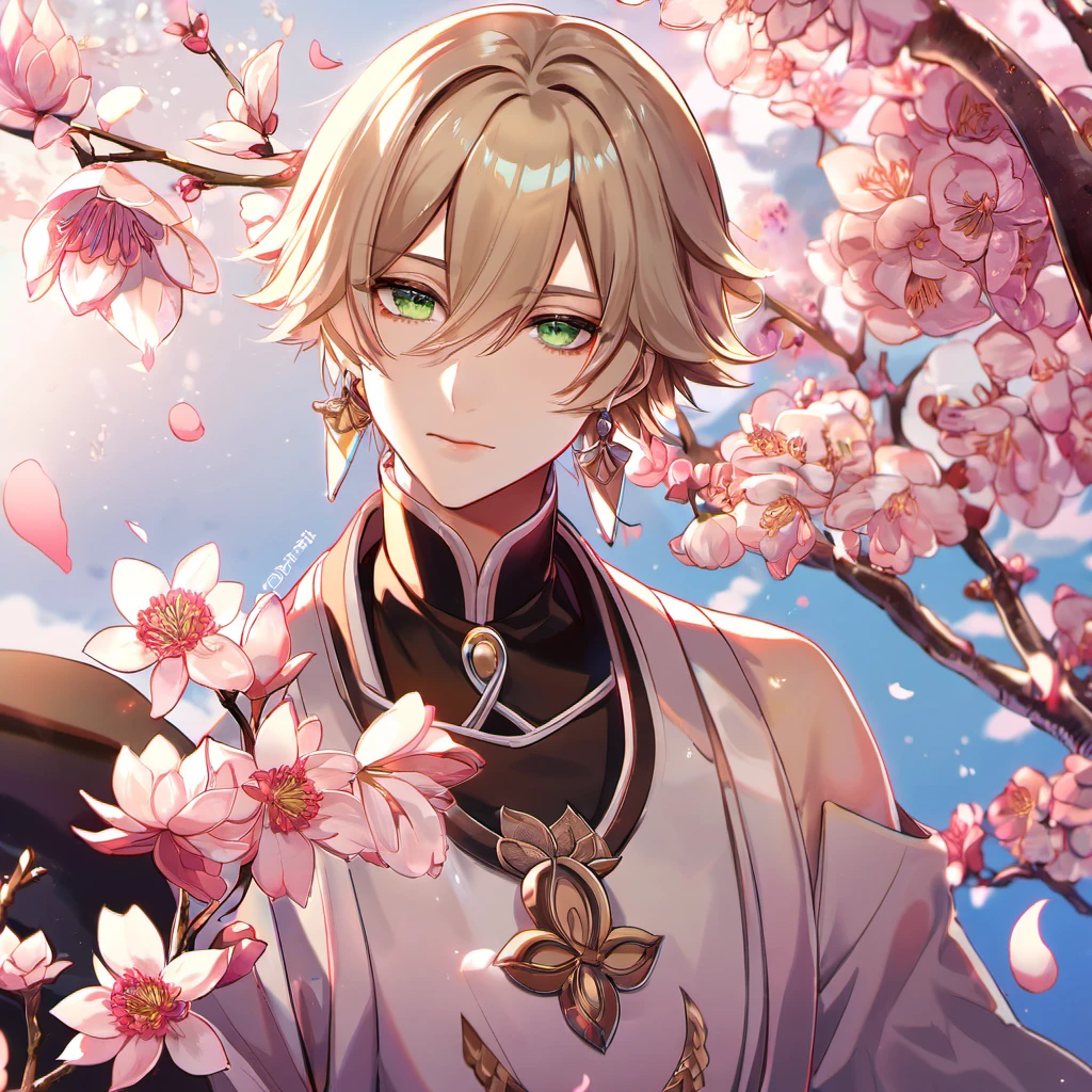 (absurdres, highres, ultra detailed, HDR), master piece, best quality, perfect face, delicate features, vibrant green eyes, solo, man, handsome, Taishakuten, ash-blond hair, hair between the eyes, white tunic, showing the chest, lotus earrings, onmyoji, pink moon, pink flames, pink petals, pink butterflies, sky, blossoms