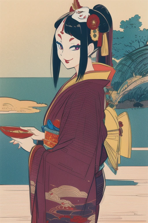 Highly detailed, holding Hannya masks, beautiful women, 1girl, cute, solo, looking at viewer, lipstick, kimono, obi, sash, black hair, long hair