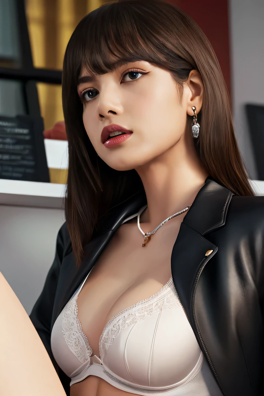 Elegant upper class elite secretary topless with a wide open neckline, sexy secretary in the office, wear luxury high heels, slender body, business woman, business coat over exposing lingerie with visible cleavage, RAW photo, (8K、highest quality、masterpiece:1.2)、(intricate details:1.4)、(Photoreal:1.4)、octane rendering、Super detailed complex 3D rendering, soft light in the studio, rim light, vivid details, Super detailed, realistic skin texture, face, beautiful and detailed eyes, Highly detailed CG Unity 16k wallpaper, compensate, (detailed background:1.2), exposed thighs!!!,(Open Leg 1.5), panties pensive lingerie), seductive body