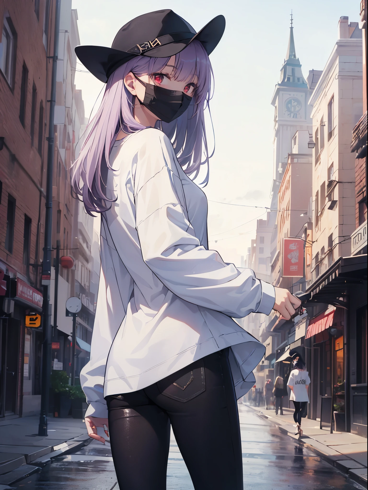 Realistic,highest quality, Ultra Detail, High-quality CG rendering, The most delicate and beautiful, Floating softly, High resolution, (1 girl), (Highest quality,4K,8K,masterpiece:1.2), Light purple hair,Long Hair,Red eyes,(white oversized long sleeve t-shirt:1.3),Black skinny jeans,(White Hat:1.3),In the city,old buildings,(Black Mask:1.4),(whole body:1.3),(Turn your back to your audience:1.3),Ass,(Sandals:1.2)