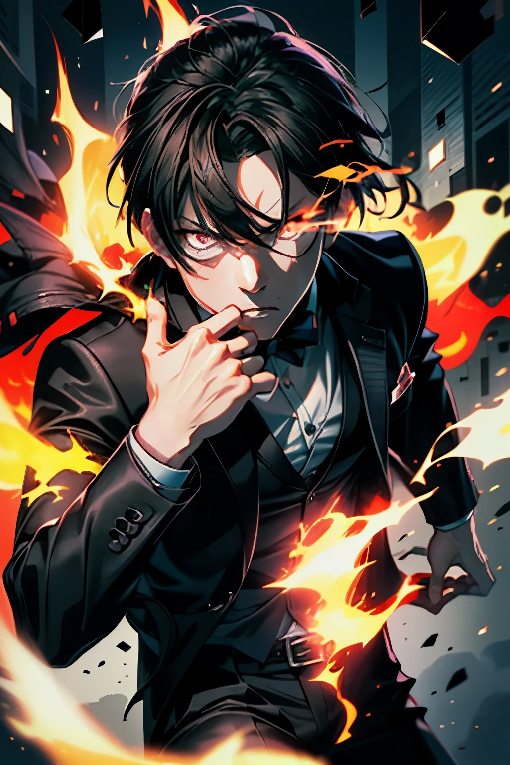 ((male)), 1人のmale性, Salaryman, company, I'm working, suit, Black trousers, Black Suit, burning, Red flash from eyes, (((masterpiece))), (best quality), (ultra detail), (very_high_resolution), (large_filesize), (full color)