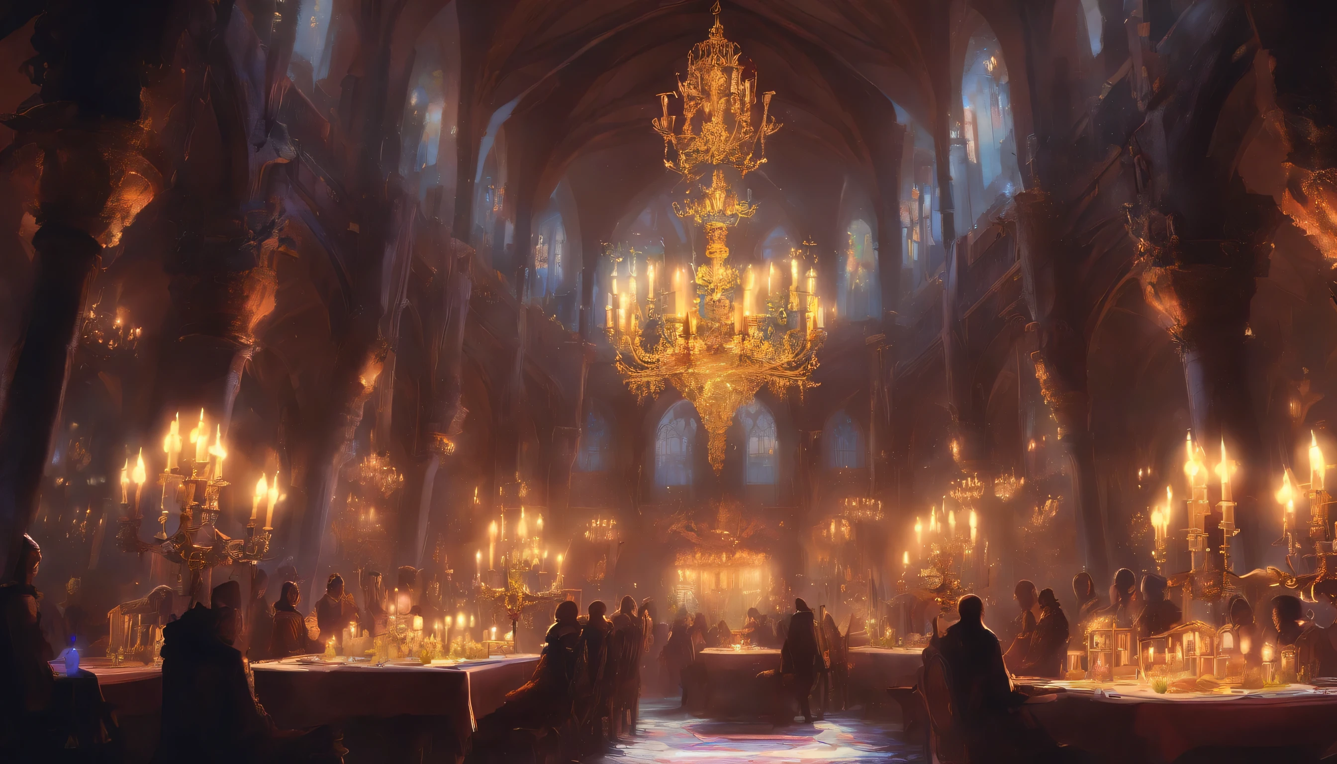 With bright chandeliers and a dark magic aesthetic、Medieval fantasy royal banquet celebration。