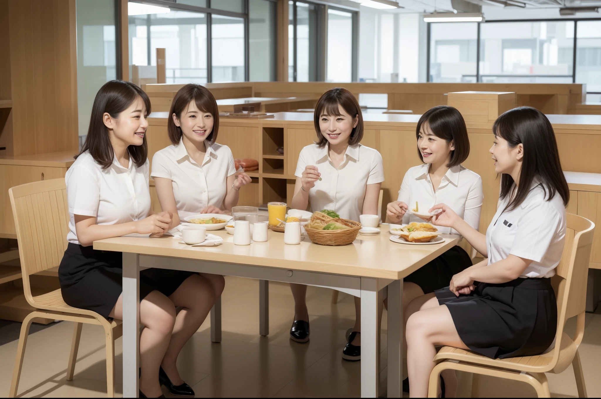 ((highest quality, 8k, Representative works in detail, Ultra-high resolution)), (Group photo of women), (Looking at the audience), (Mid Shot:), Five attractive businesswomen、women only、 A little chubby:0.25, White collared shirt, Grey Skirt, mini skirt、私nside a high-rise office,wide、Sit down and eat、company cafeteria、Friendly office lady;eat lunch、Happy expression、color々food、Daily set meal、Ramen、Udon、Omelette rice、sandwich、curry、Pork cutlet on rice、coffee、Facing table、四人掛けのテーブルにSit down and eat、