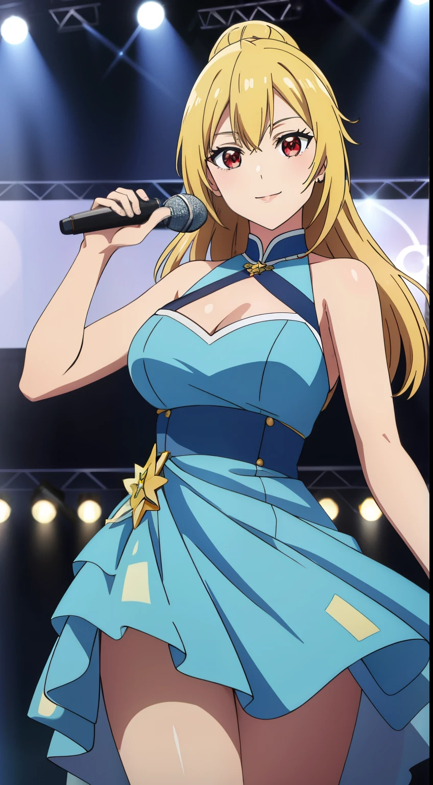best quality, high resolution, 8K, anime art style, beautiful detailed eyes, extremely detailed face, soft expression, stylish pose, Angelica V4,1girl,solo,red eyes, (idol costume, blue idol dress, idol stage, microphone, smile, singing, cowboy shot), looking at the audience, in the center of the image, beautiful large medium-sized breasts, beautiful face, slim waist, appealing, soft lighting,