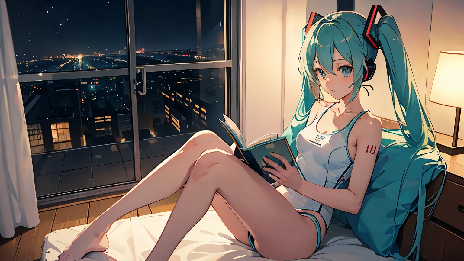 Hatsune Miku in a swimsuit studying in her room while listening to music with headphones、Outside the room is a night view、Japanese anime style
