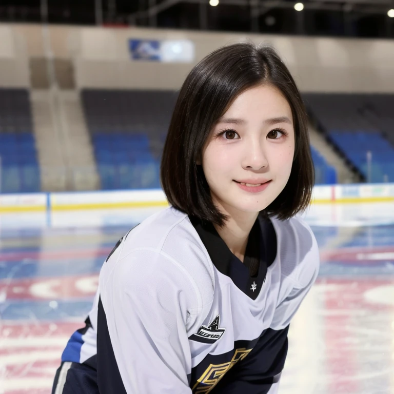 (kawaii 24year-old Japanese girl, Nogizaka idol, Korean idol), female ice hockey player, (glossy black hair, very short hair:1.3), (rounded face, black eyes, single eyelid, no makeup, soft smiling:1.2), (wearing long sleeved ice hockey jersey:1.5), ice hockey gloves, ice hockey helmet, (flat chest, extra small breasts:0.8), (looking at viewer:1.2), BREAK, (skating at ice skate arena, active atmosphere:1.3), (view from forward, bust shot, face focus:1.3), BREAK, (masterpiece, best quality, photo realistic, official art:1.4), (UHD, 8K quality wallpaper, high resolution, raw photo, golden ratio:1.3), (shiny skin), professional lighting, physically based rendering, award winning, (perfect anatomy, highly detailed skin, extremely detailed face and eyes:1.2), Carl Zeiss 300mm F/2.8, depth of field, 1girl, solo, nhl player, national hockey league player,