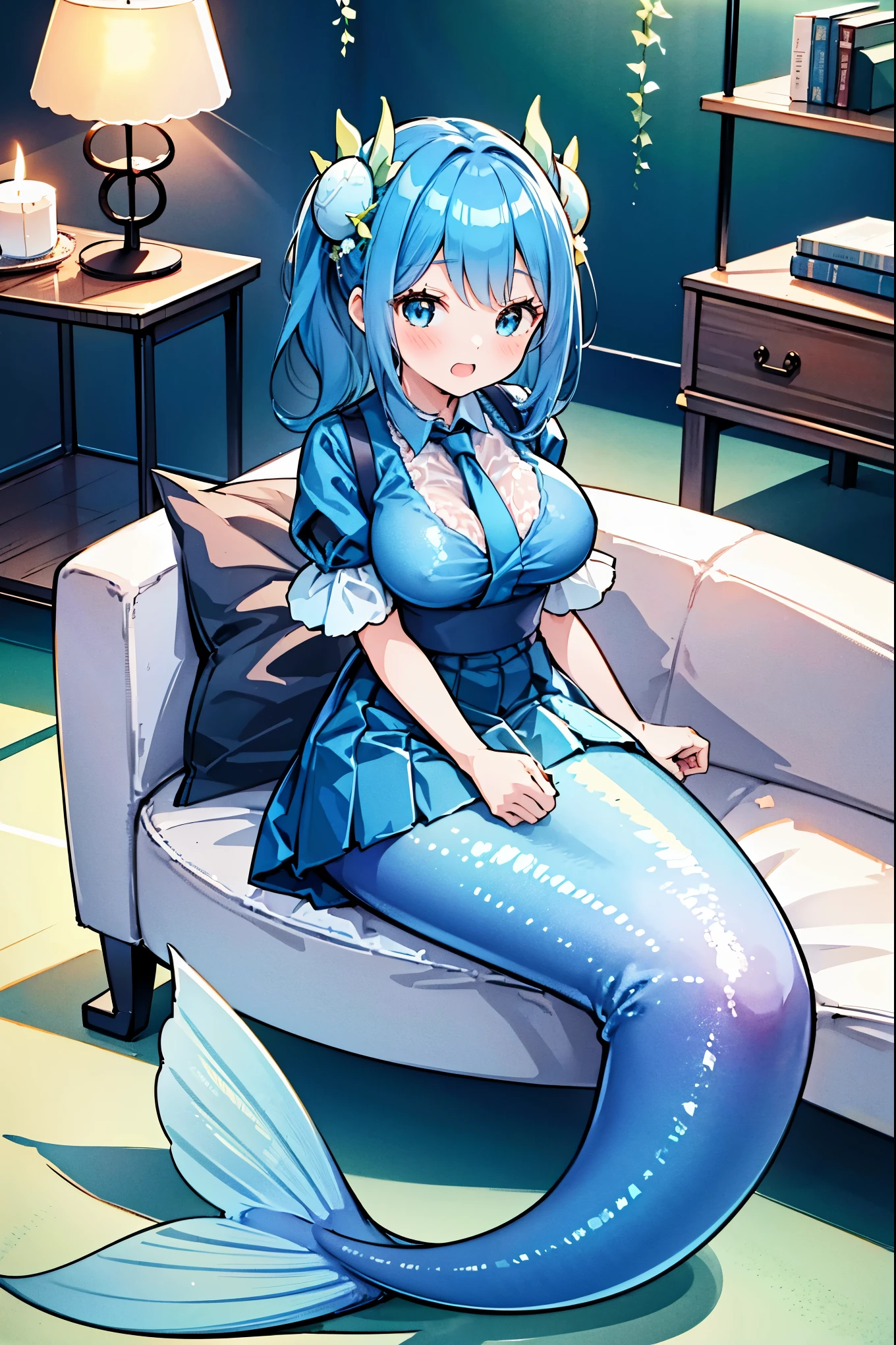 masterpiece, best quality,A woman,Large Breasts,Mermaid,Blue shirt,Blue Skirt,天藍色的Mermaid尾巴,full-body shot,For the audience,Get posed,living room,Sitting on the sofa,charming脸(Kawaii, charming,Soft)